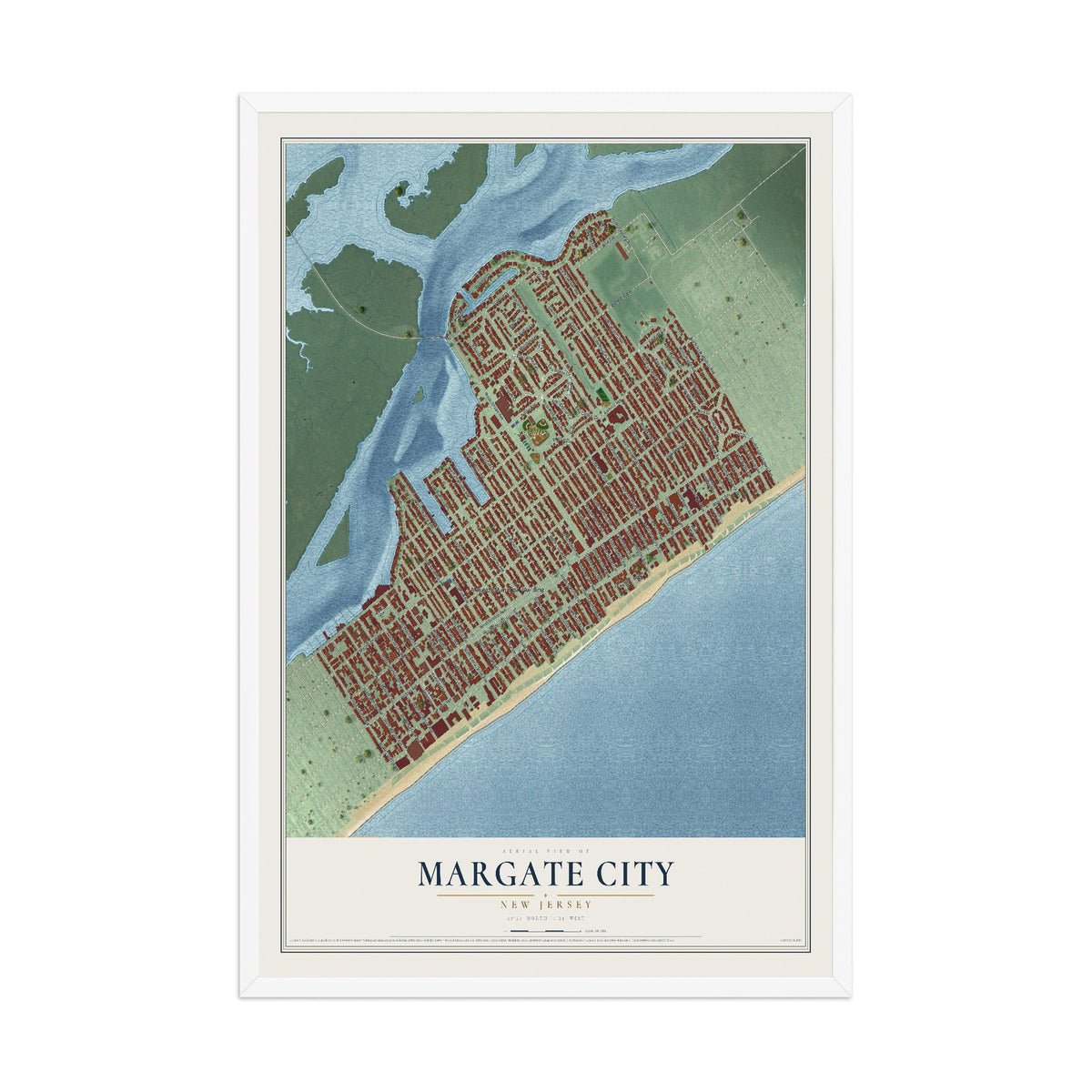 Margate City, New Jersey map print, 12" x 18" W/ White Ayous Wood Frame mockup