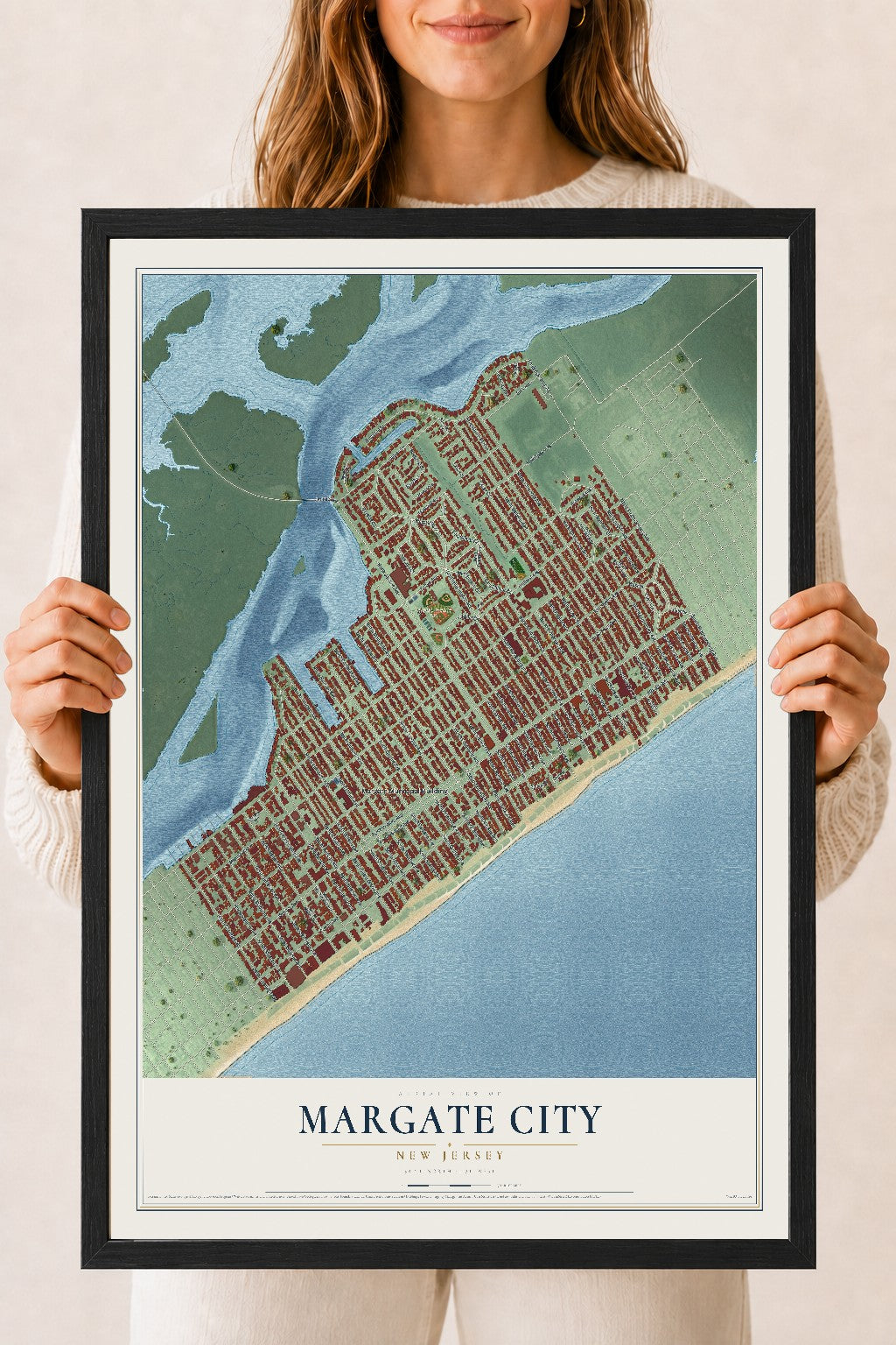 Margate City, New Jersey map print, 18" x 24" W/ Black Ayous Wood Frame mockup