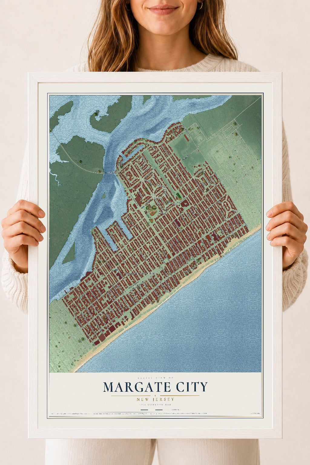 Margate City, New Jersey map print, 18" x 24" W/ White Ayous Wood Frame mockup