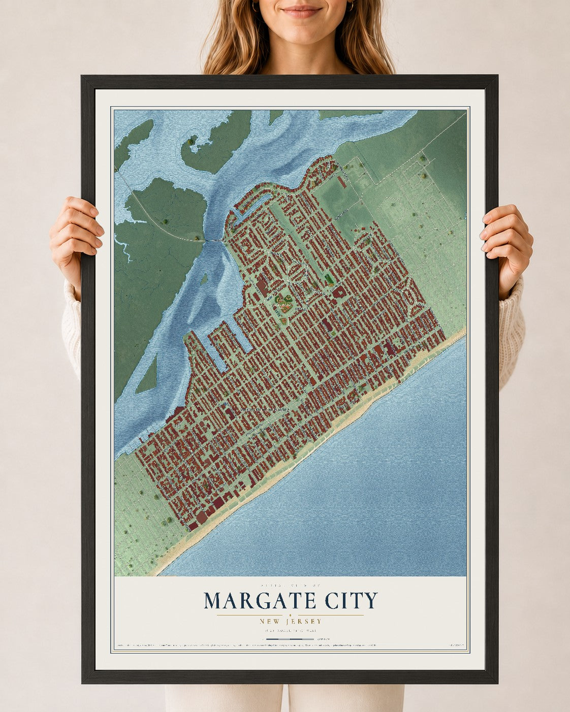 Margate City, New Jersey map print, 24" x 36" W/ Black Ayous Wood Frame mockup