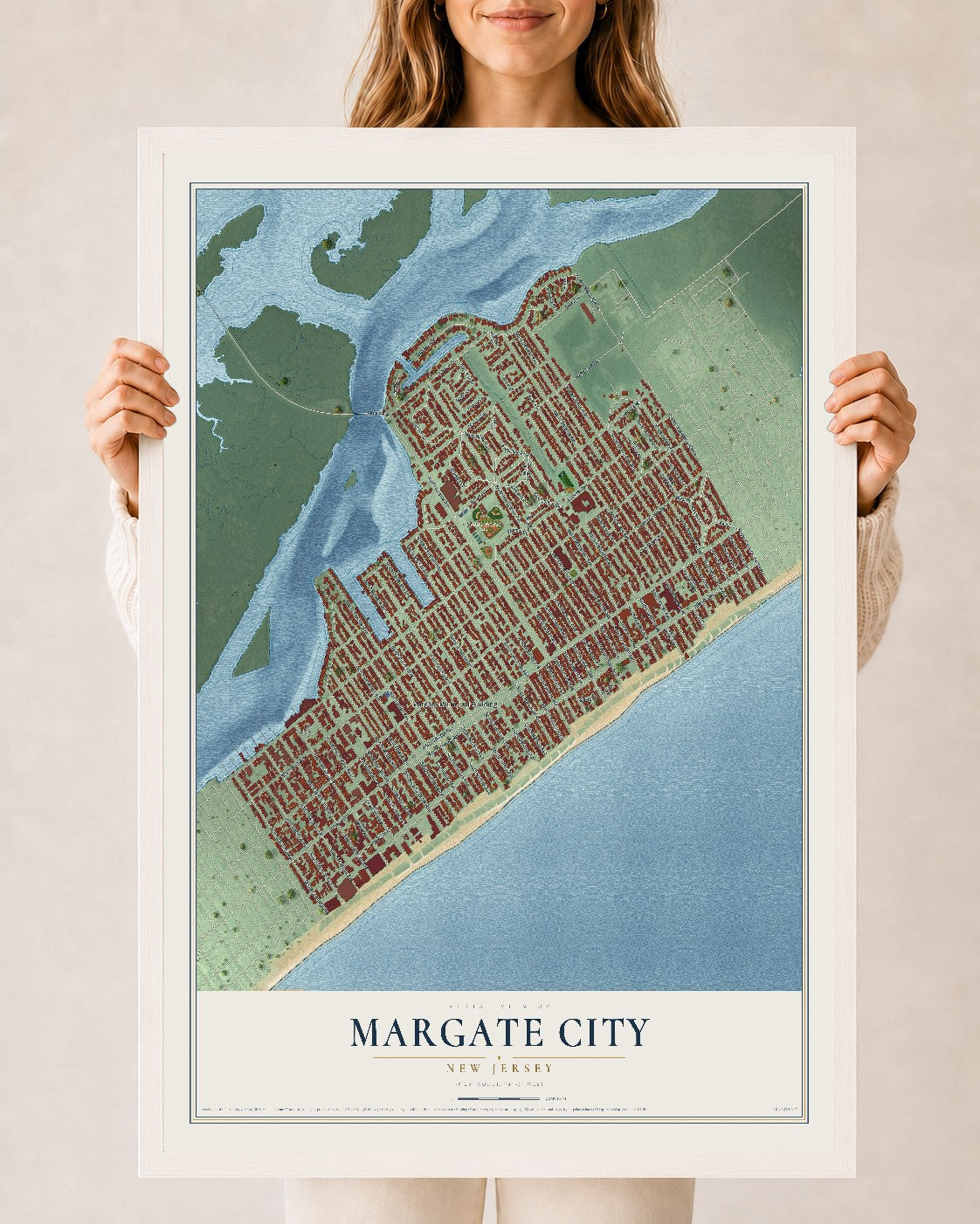 Margate City, New Jersey map print, 24" x 36" W/ White Ayous Wood Frame mockup