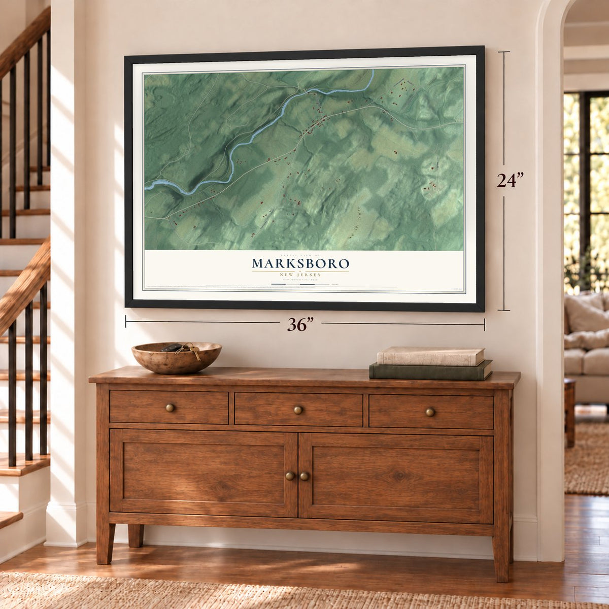 Marksboro, New Jersey map, 24 x 36 inch print in a black frame above a dresser by a staircase