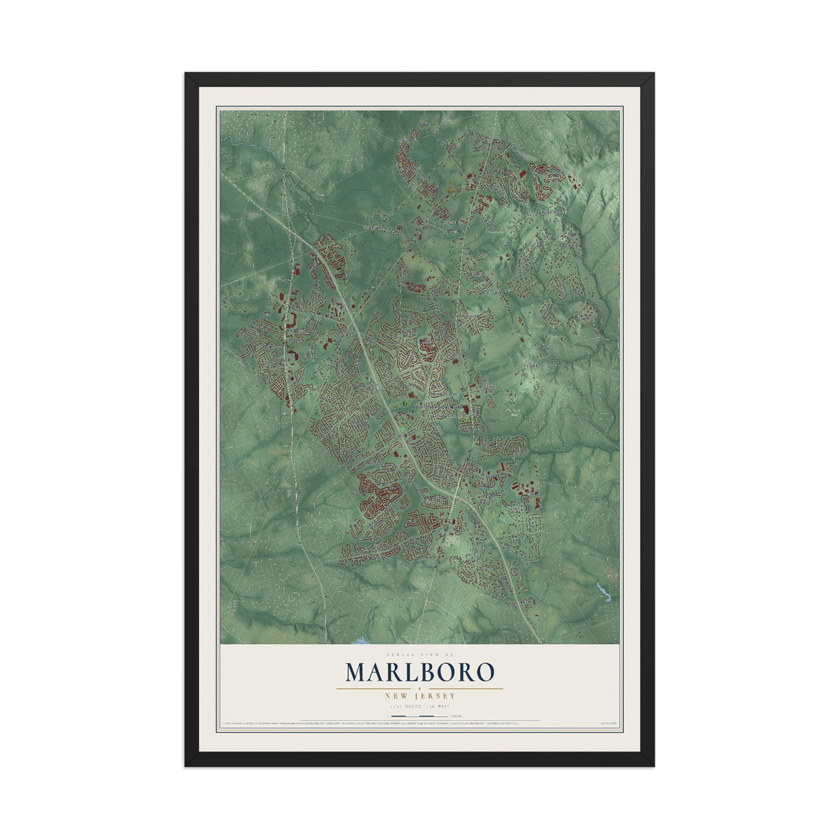 Marlboro, New Jersey map print, 12" x 18" W/ Black Ayous Wood Frame mockup
