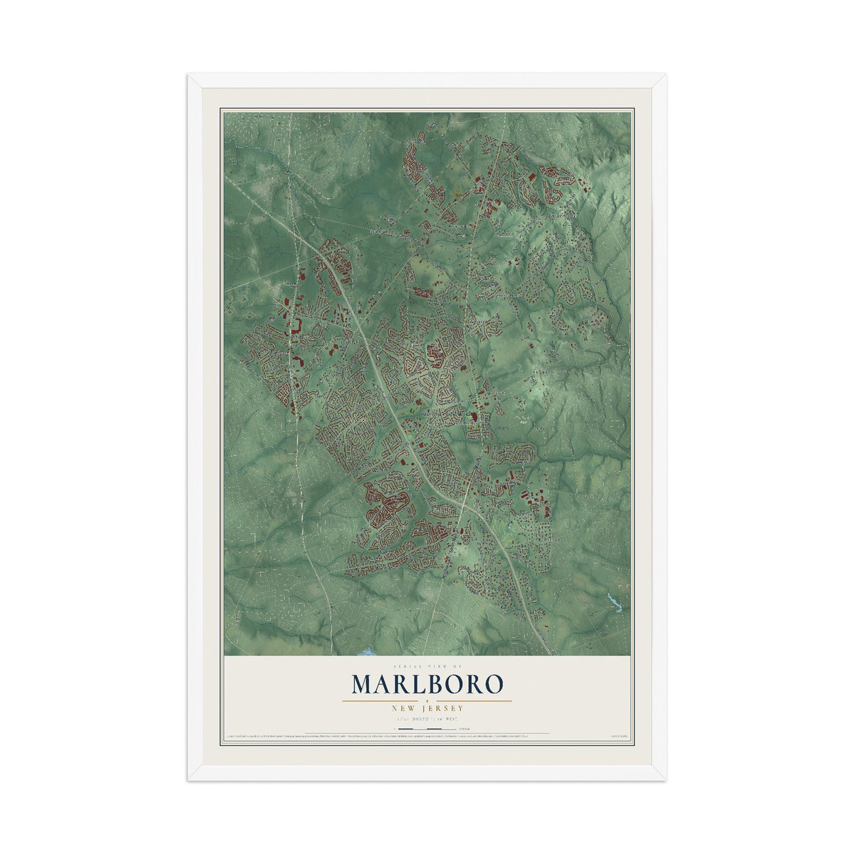 Marlboro, New Jersey map print, 12" x 18" W/ White Ayous Wood Frame mockup