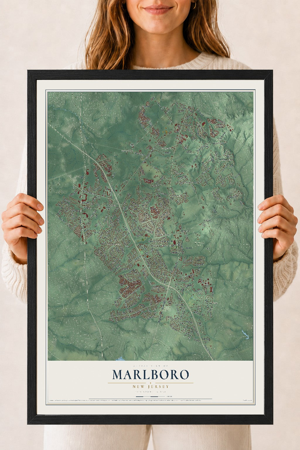 Marlboro, New Jersey map print, 18" x 24" W/ Black Ayous Wood Frame mockup