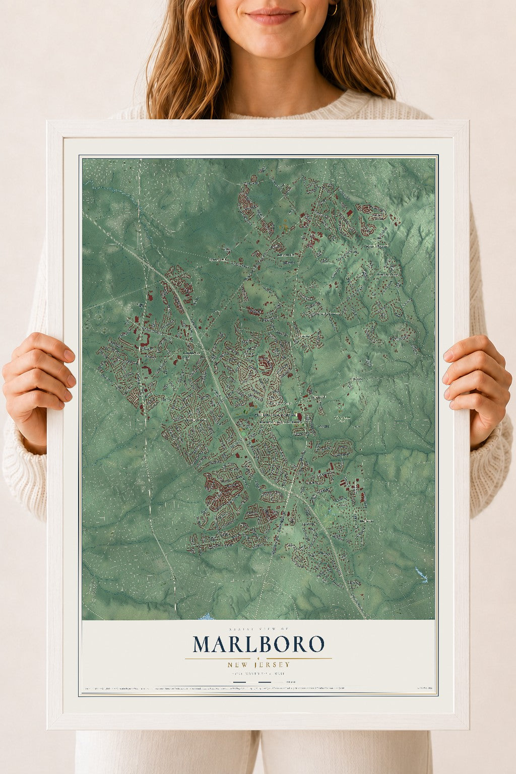 Marlboro, New Jersey map print, 18" x 24" W/ White Ayous Wood Frame mockup