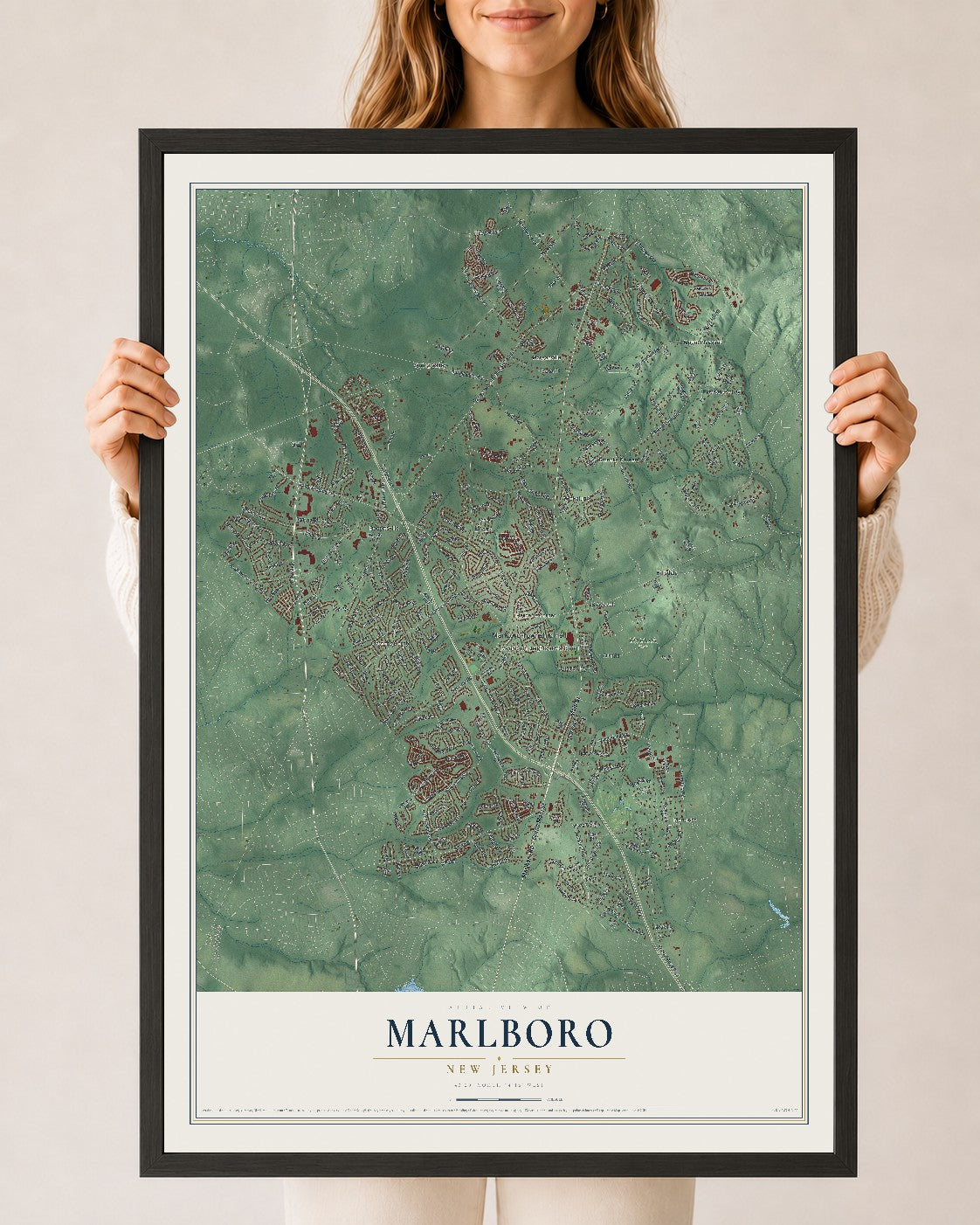 Marlboro, New Jersey map print, 24" x 36" W/ Black Ayous Wood Frame mockup