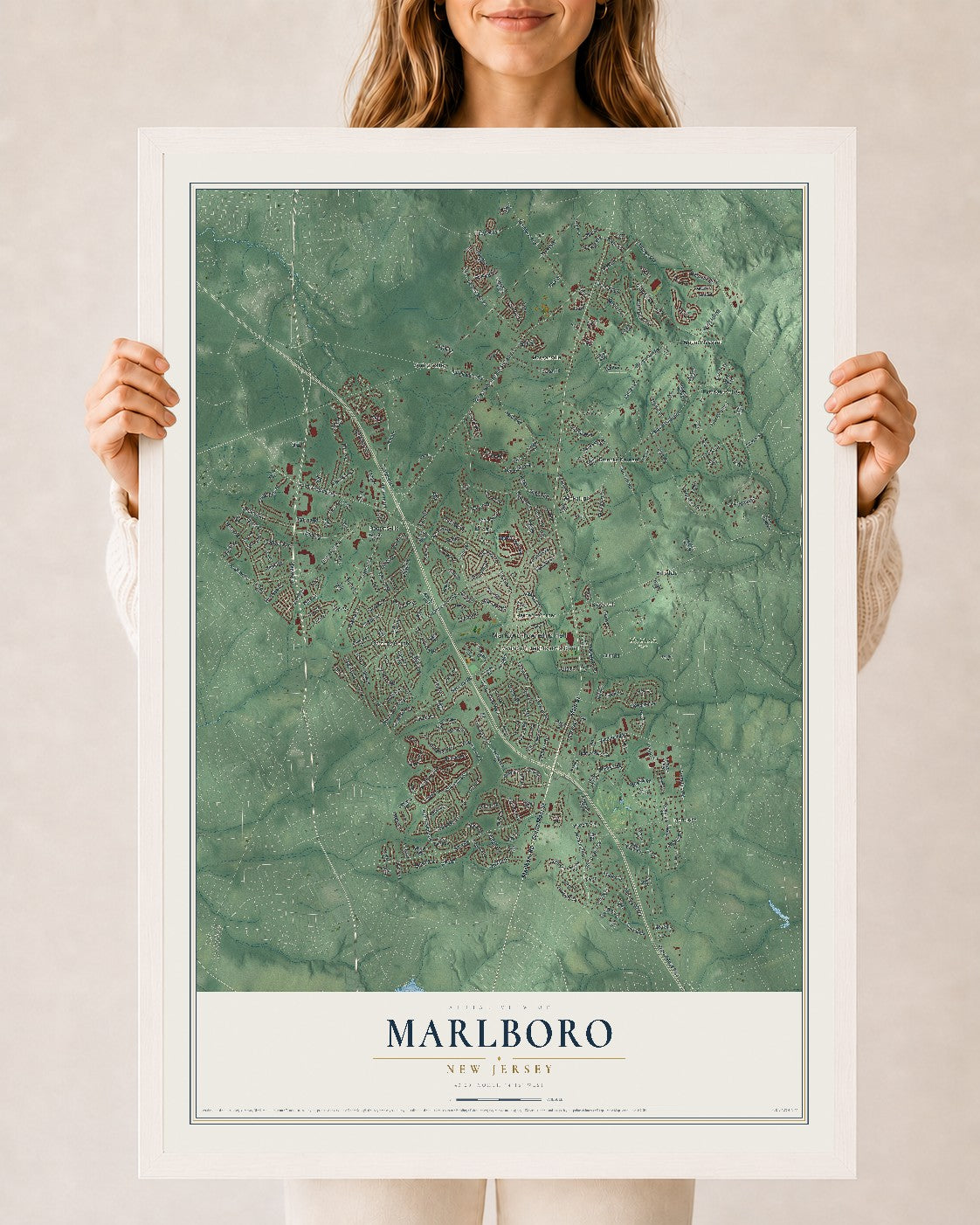 Marlboro, New Jersey map print, 24" x 36" W/ White Ayous Wood Frame mockup