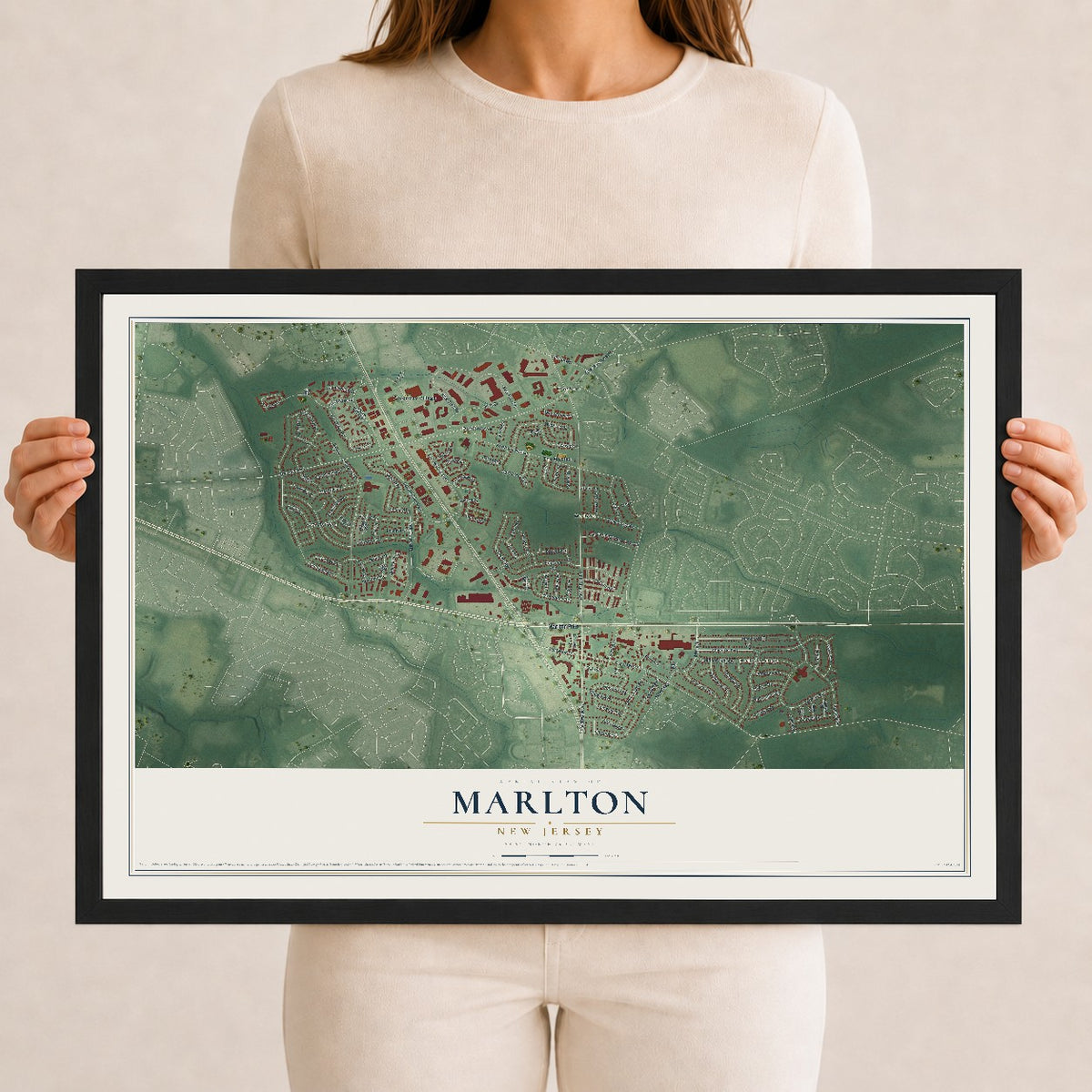 Marlton, New Jersey map print, 12" x 18" W/ Black Ayous Wood Frame mockup