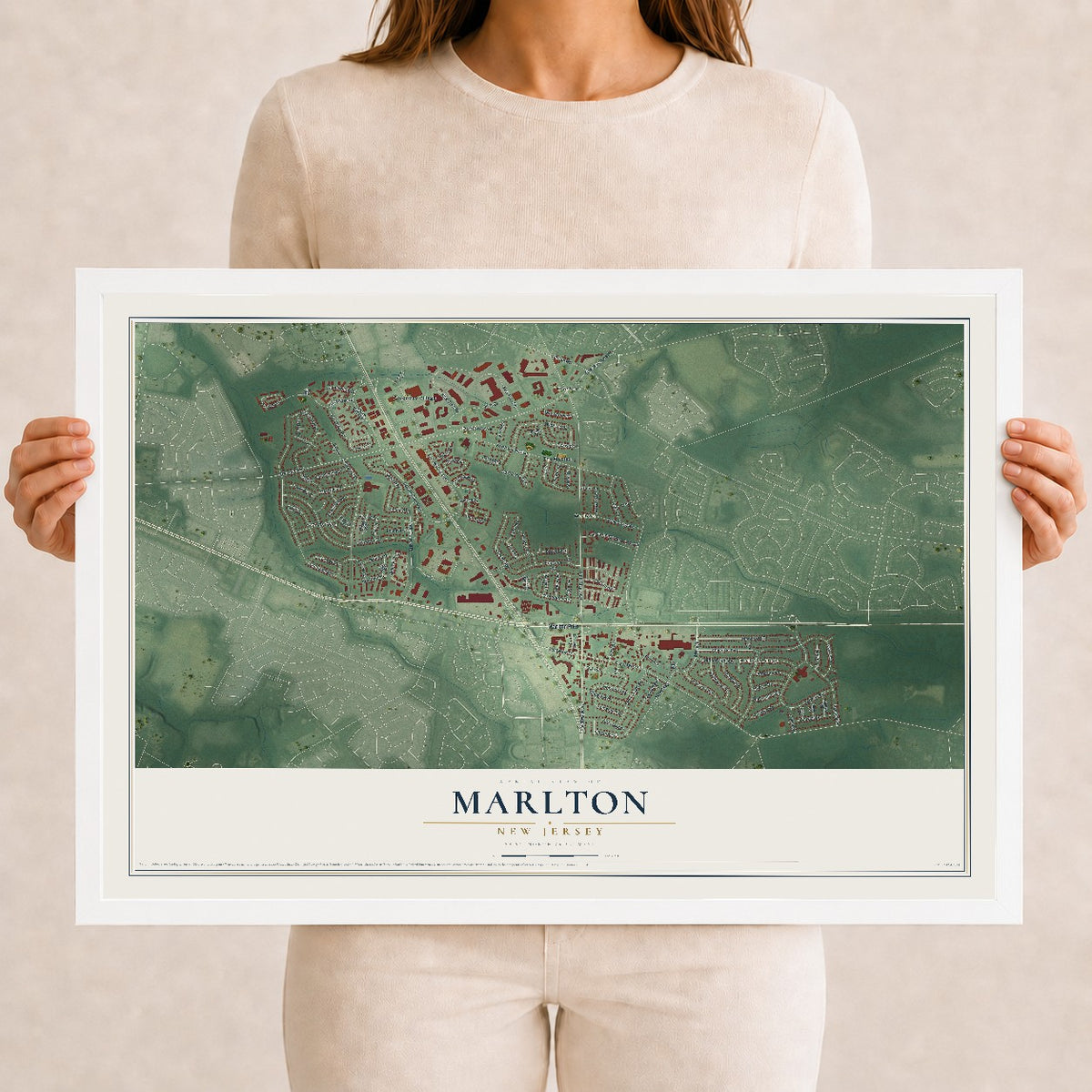 Marlton, New Jersey map print, 12" x 18" W/ White Ayous Wood Frame mockup