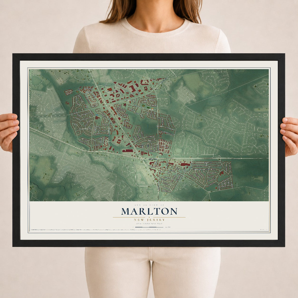 Marlton, New Jersey map print, 18" x 24" W/ Black Ayous Wood Frame mockup