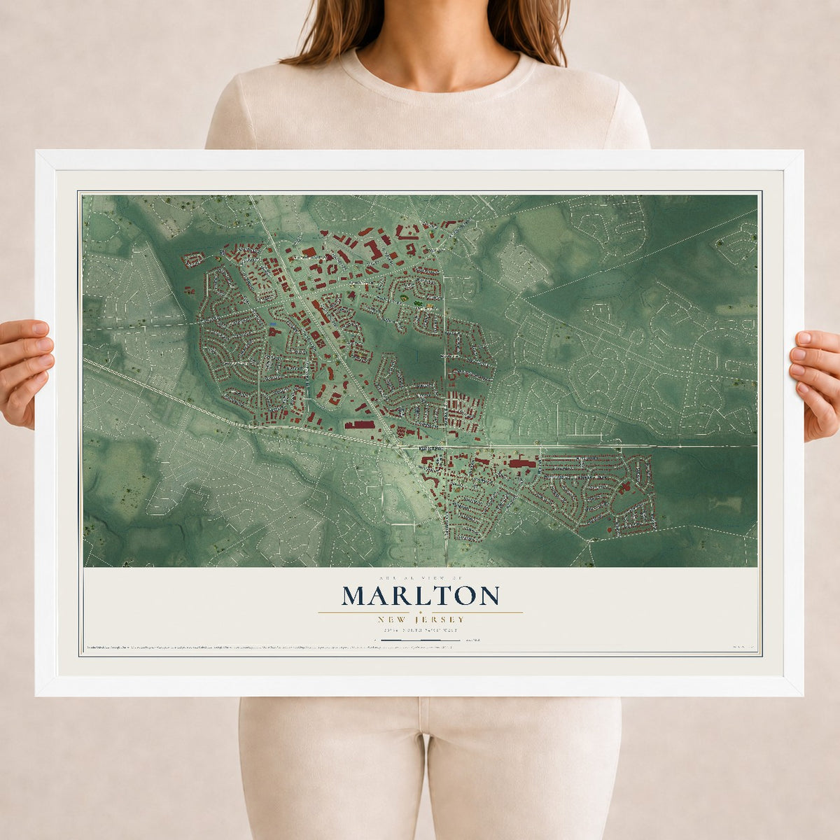 Marlton, New Jersey map print, 18" x 24" W/ White Ayous Wood Frame mockup