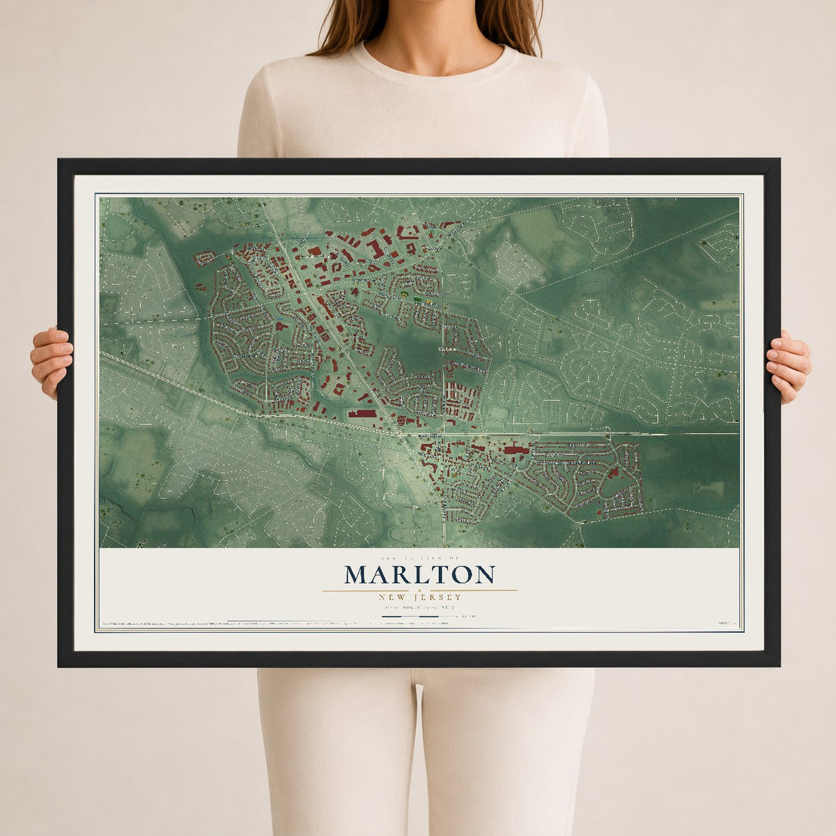 Marlton, New Jersey map print, 24" x 36" W/ Black Ayous Wood Frame mockup
