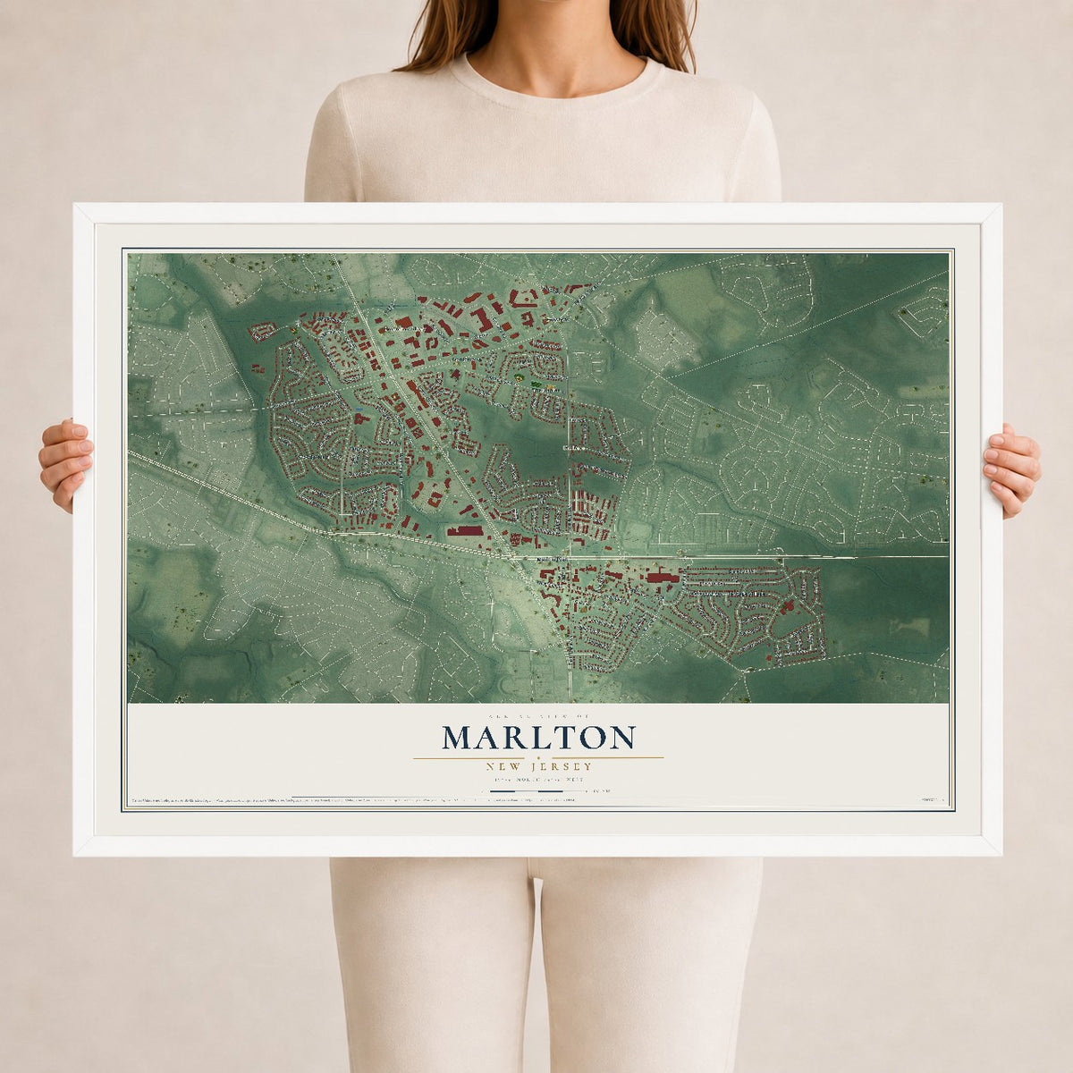 Marlton, New Jersey map print, 24" x 36" W/ White Ayous Wood Frame mockup