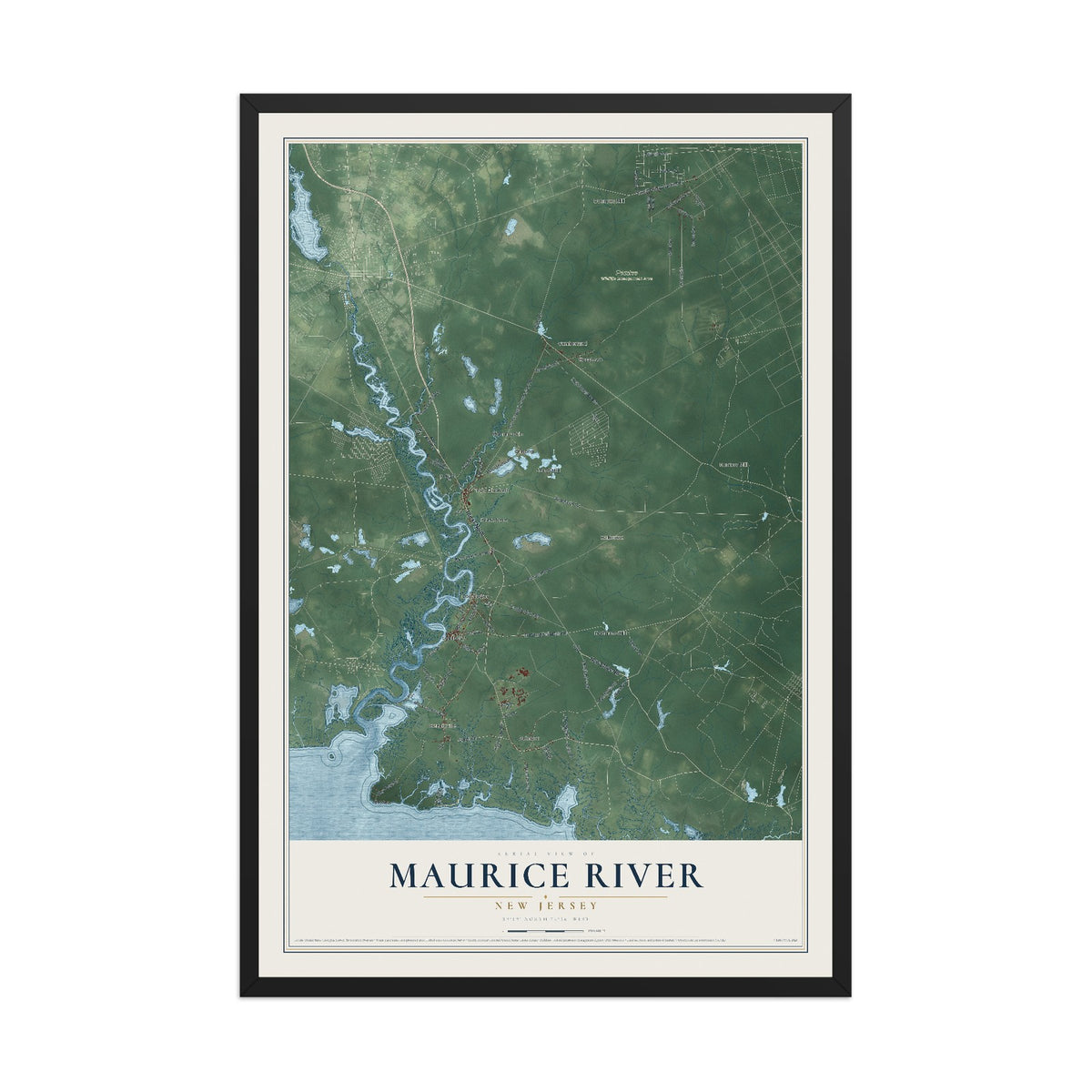Maurice River, New Jersey map print, 12" x 18" W/ Black Ayous Wood Frame mockup
