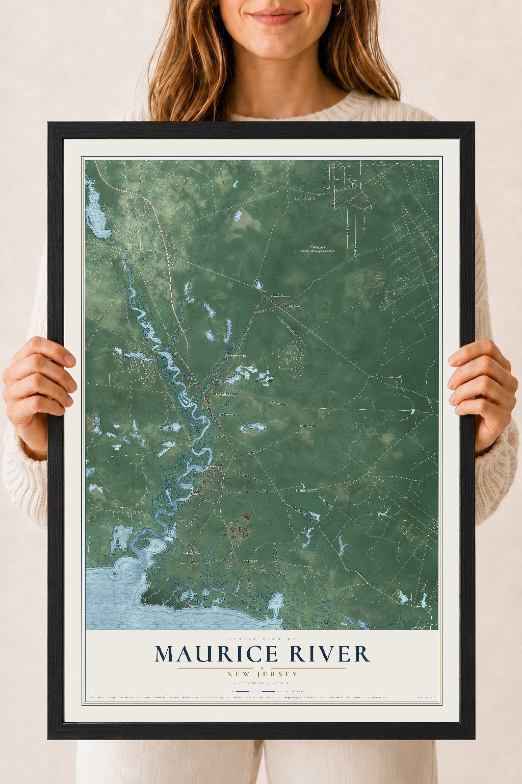 Maurice River, New Jersey map print, 18" x 24" W/ Black Ayous Wood Frame mockup