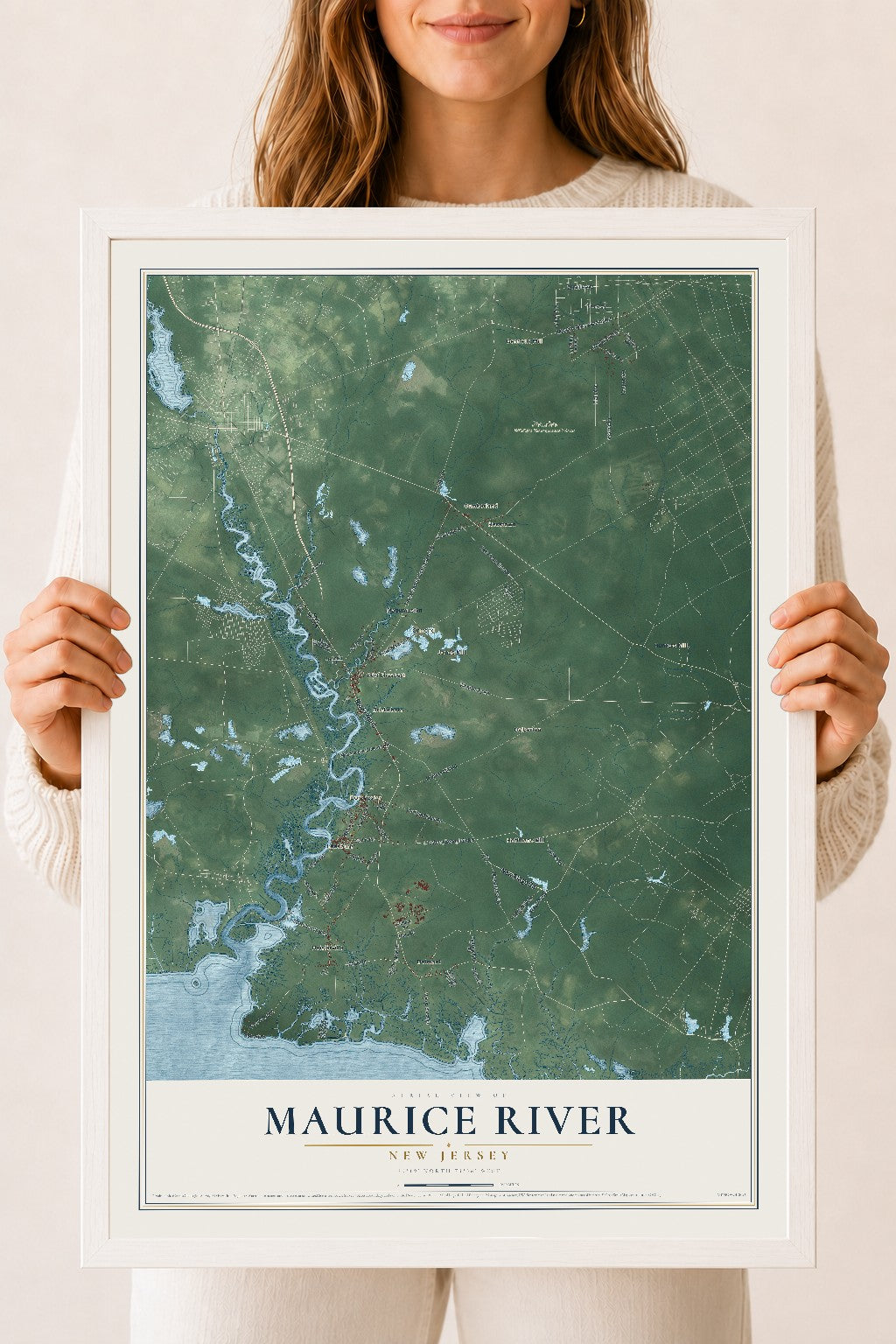 Maurice River, New Jersey map print, 18" x 24" W/ White Ayous Wood Frame mockup