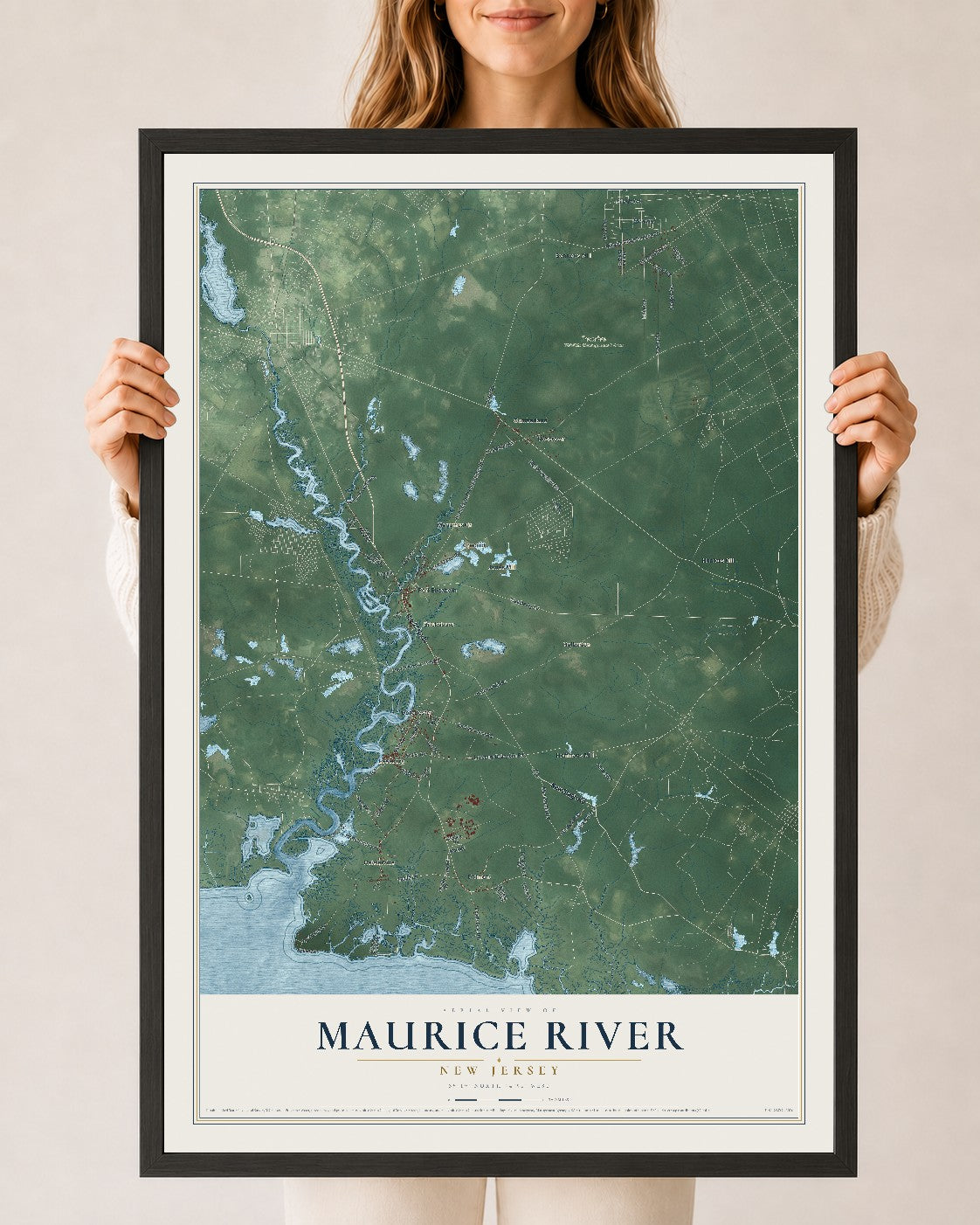 Maurice River, New Jersey map print, 24" x 36" W/ Black Ayous Wood Frame mockup