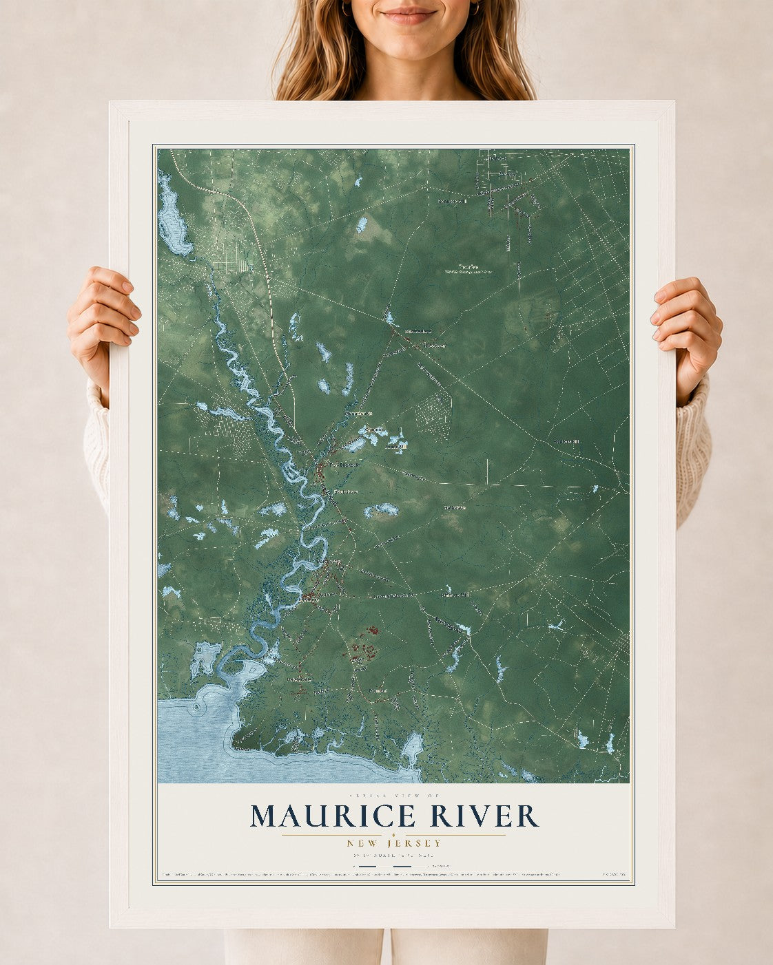 Maurice River, New Jersey map print, 24" x 36" W/ White Ayous Wood Frame mockup