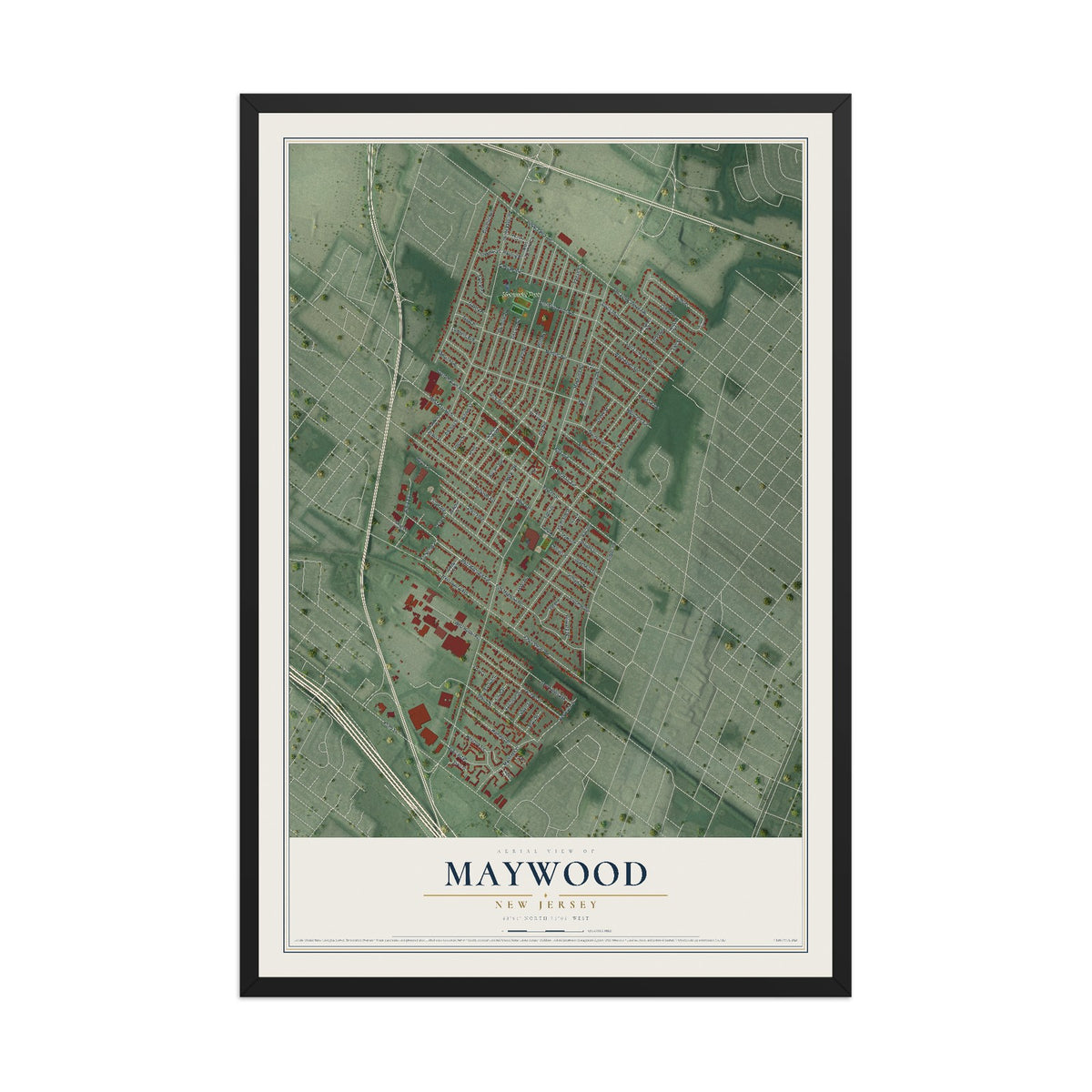 Maywood, New Jersey map print, 12" x 18" W/ Black Ayous Wood Frame mockup