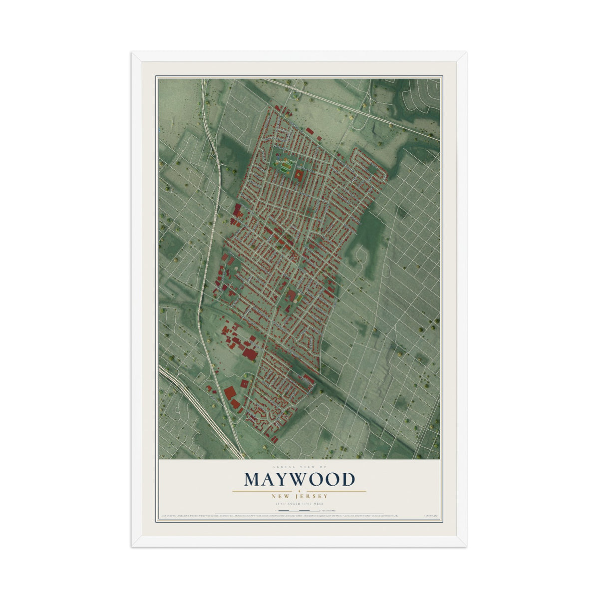 Maywood, New Jersey map print, 12" x 18" W/ White Ayous Wood Frame mockup
