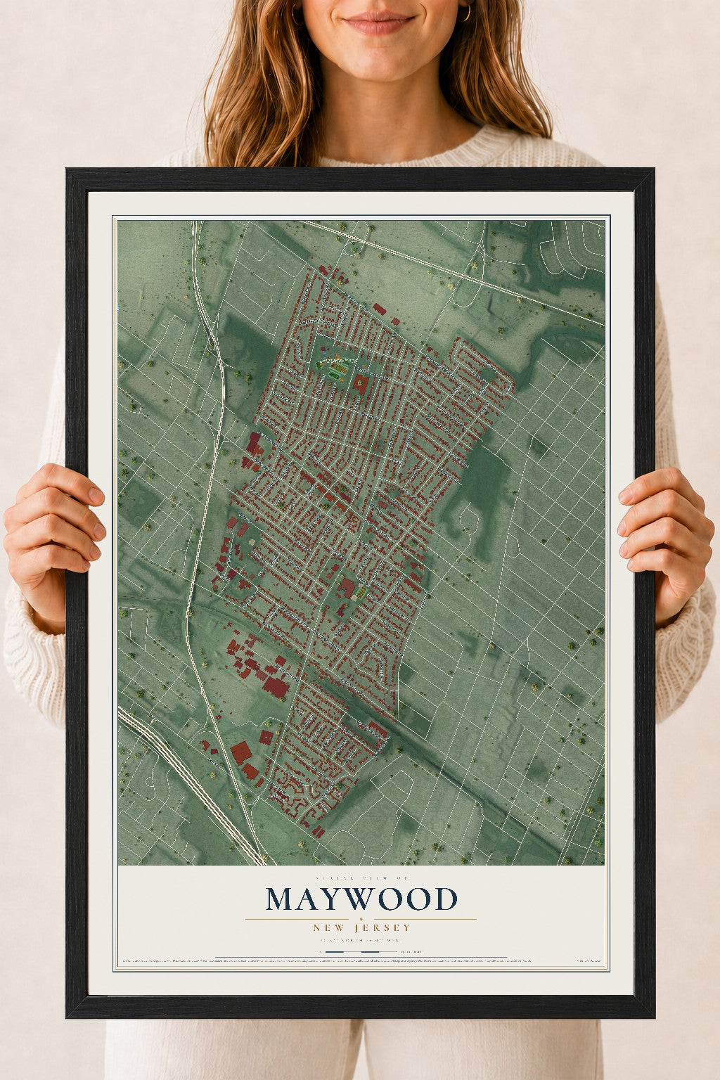 Maywood, New Jersey map print, 18" x 24" W/ Black Ayous Wood Frame mockup