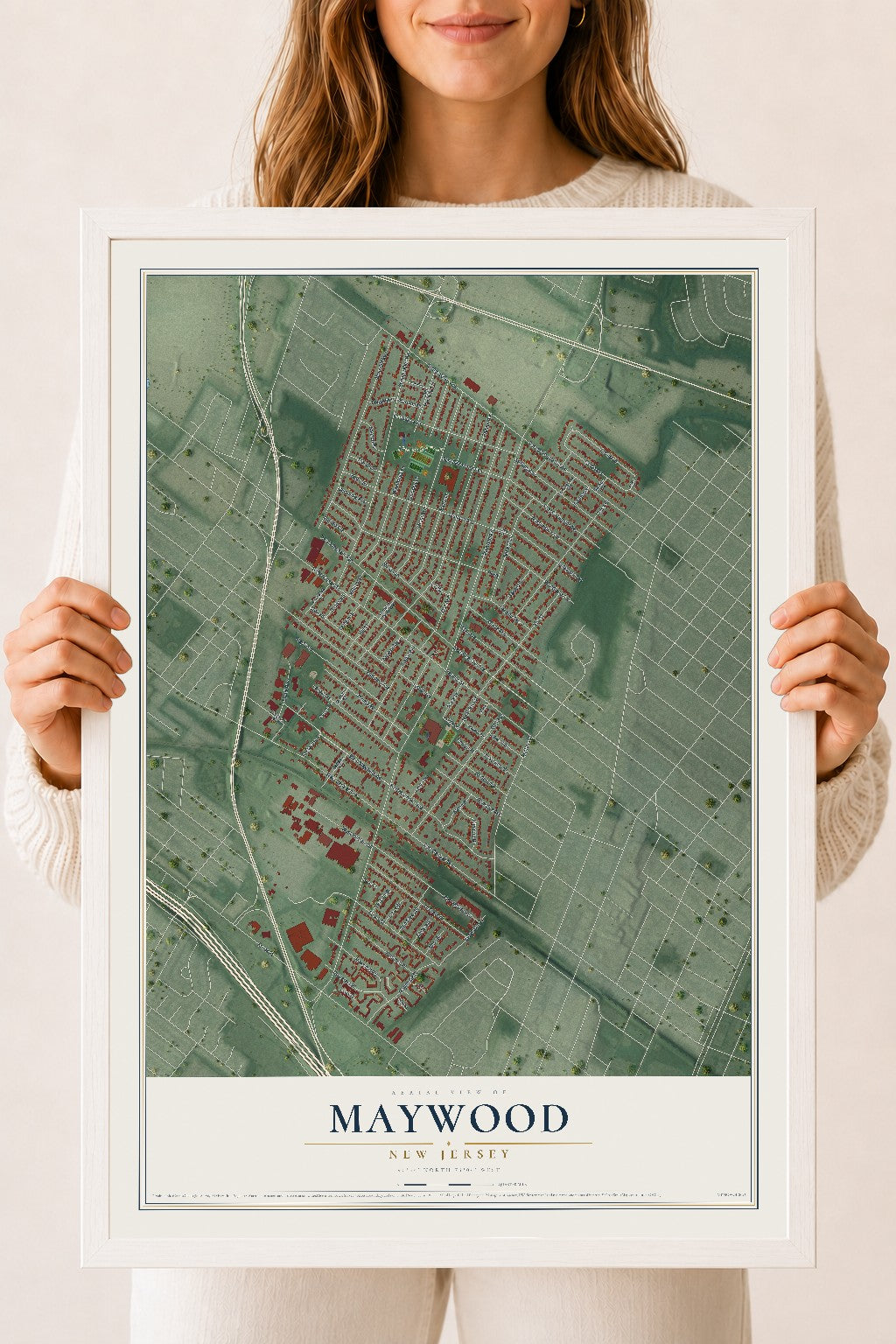 Maywood, New Jersey map print, 18" x 24" W/ White Ayous Wood Frame mockup
