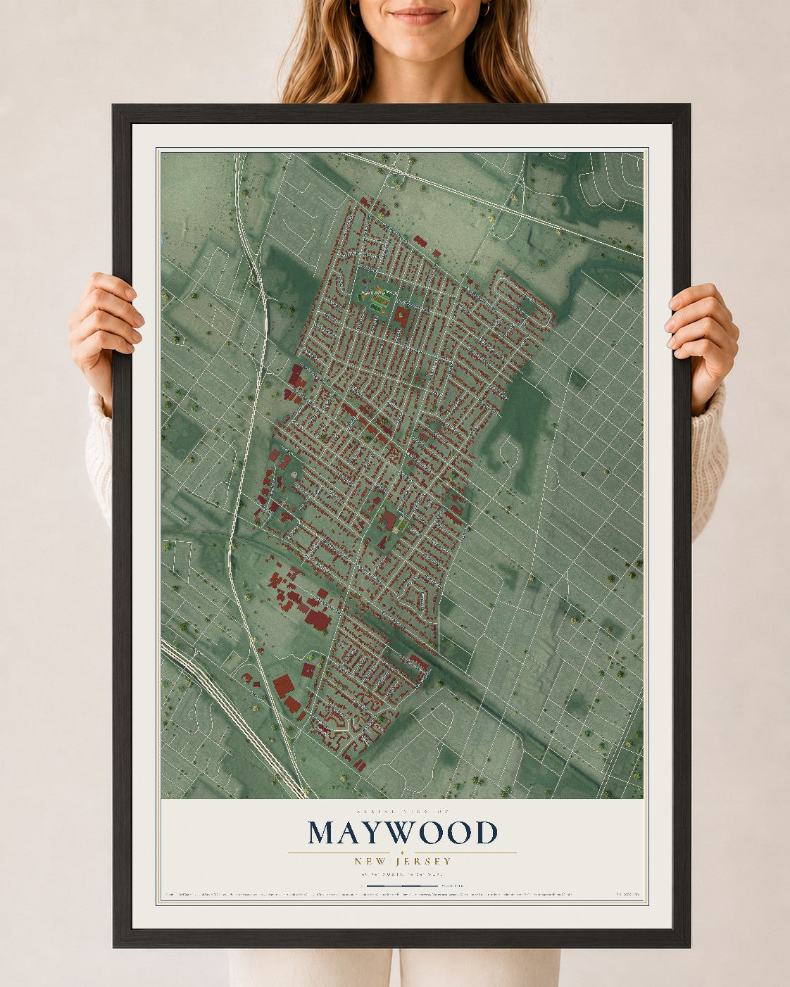 Maywood, New Jersey map print, 24" x 36" W/ Black Ayous Wood Frame mockup