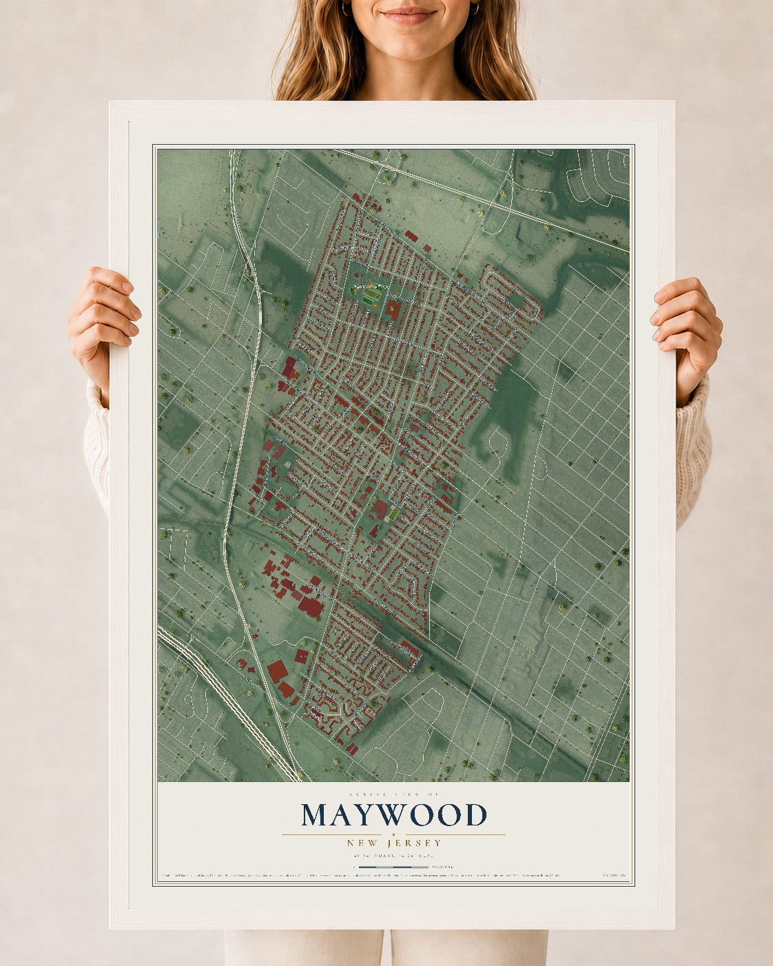 Maywood, New Jersey map print, 24" x 36" W/ White Ayous Wood Frame mockup