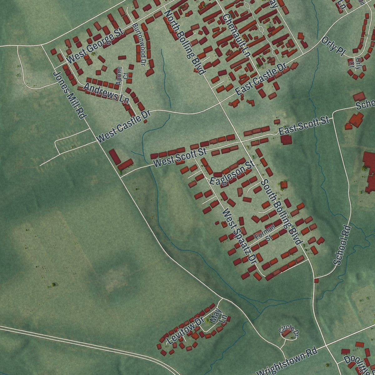 Close-up of the map of McGuire AFB, New Jersey print showing street and building detail