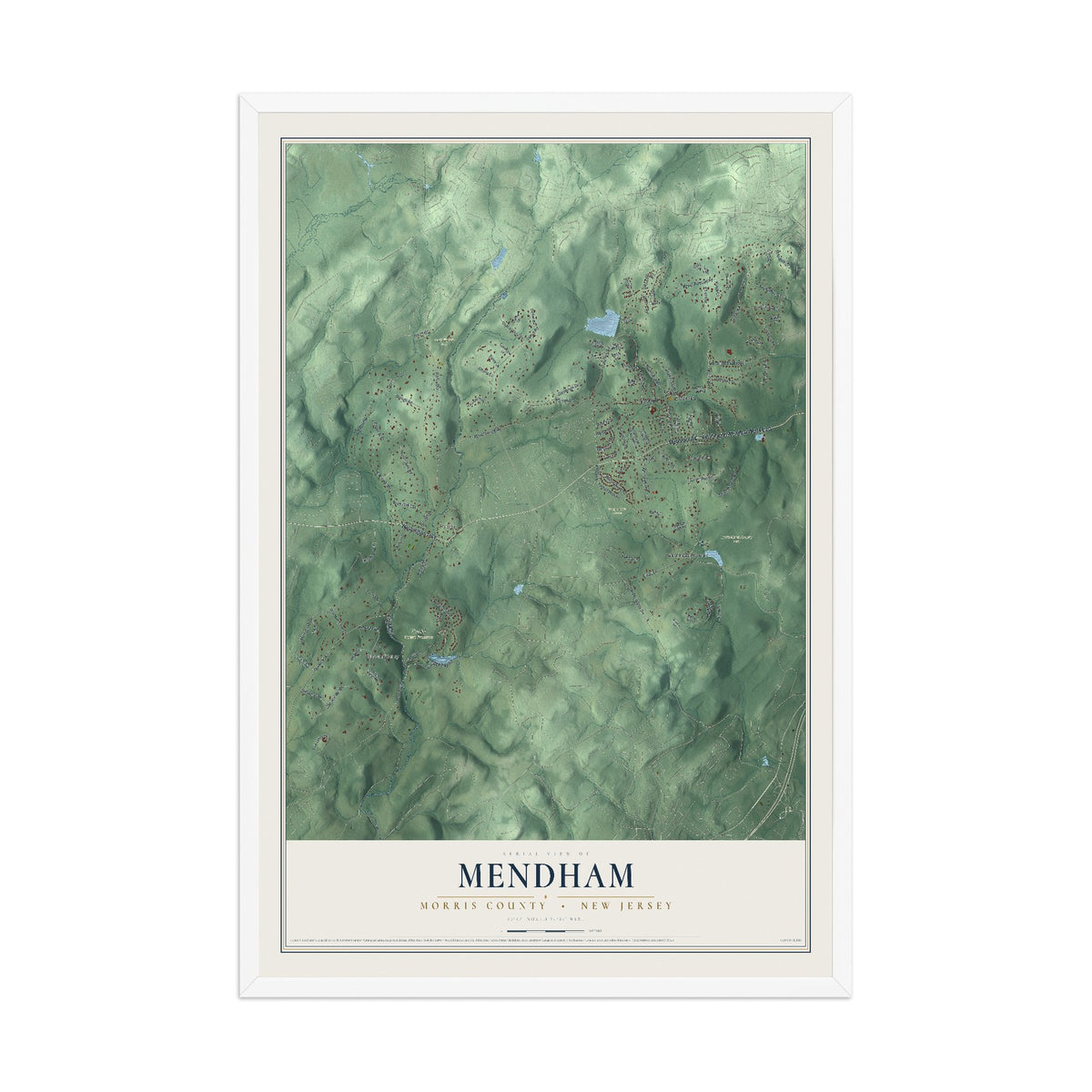 Mendham, New Jersey map print, 12" x 18" W/ White Ayous Wood Frame mockup