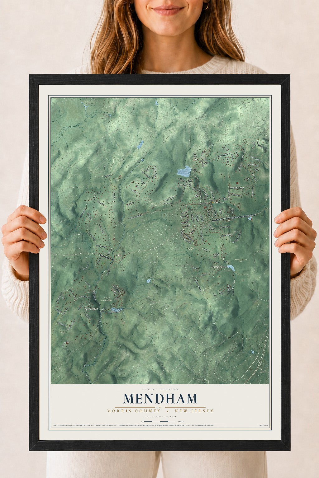 Mendham, New Jersey map print, 18" x 24" W/ Black Ayous Wood Frame mockup