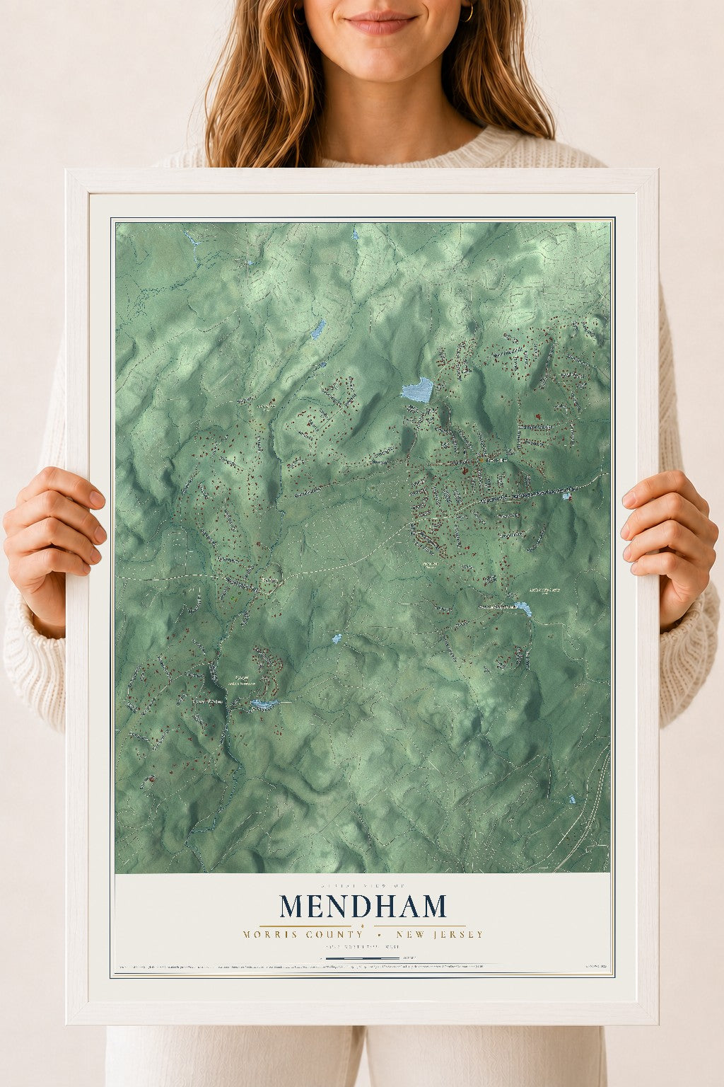 Mendham, New Jersey map print, 18" x 24" W/ White Ayous Wood Frame mockup