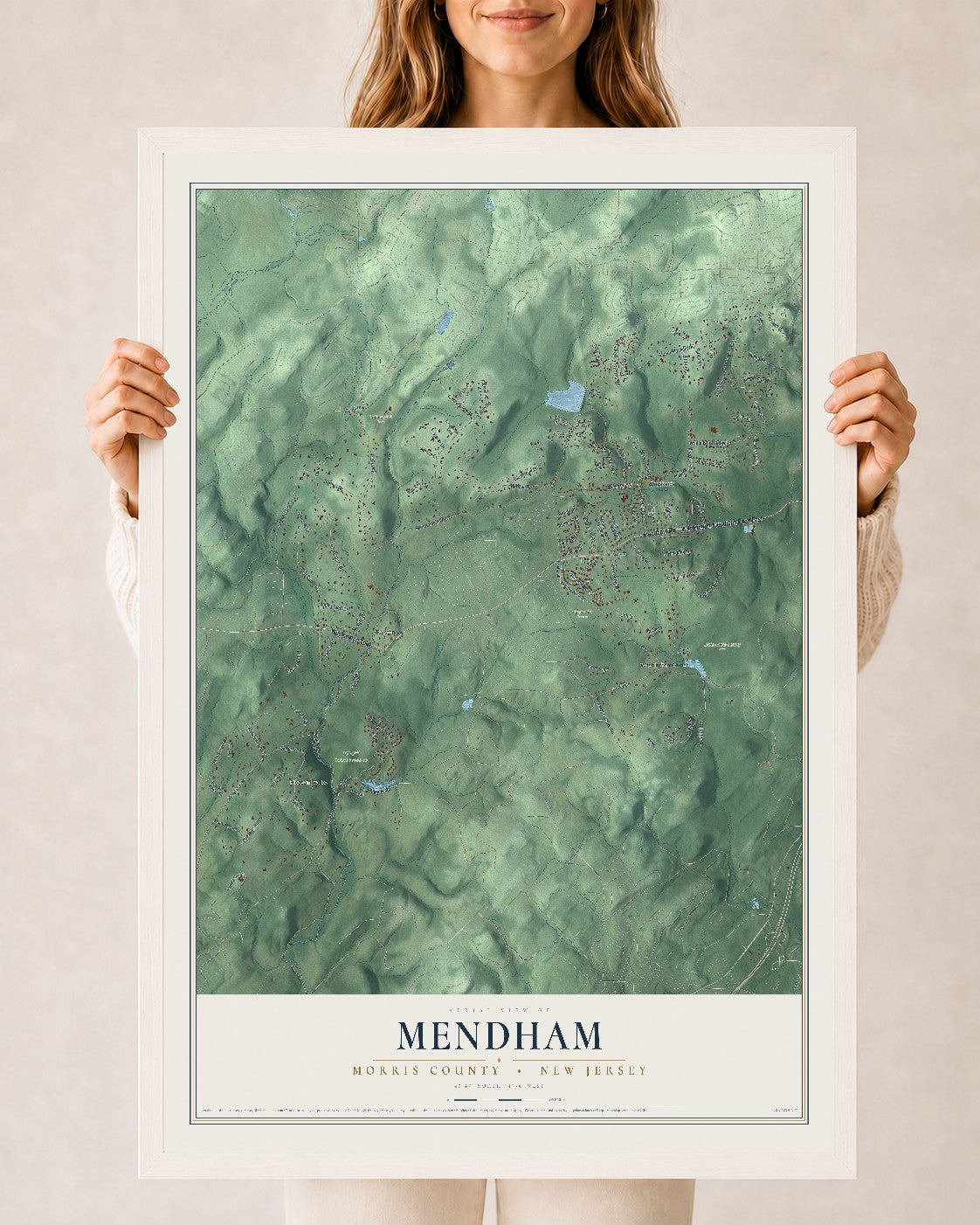 Mendham, New Jersey map print, 24" x 36" W/ White Ayous Wood Frame mockup