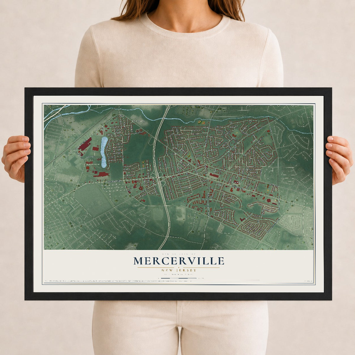 Mercerville, New Jersey map print, 12" x 18" W/ Black Ayous Wood Frame mockup