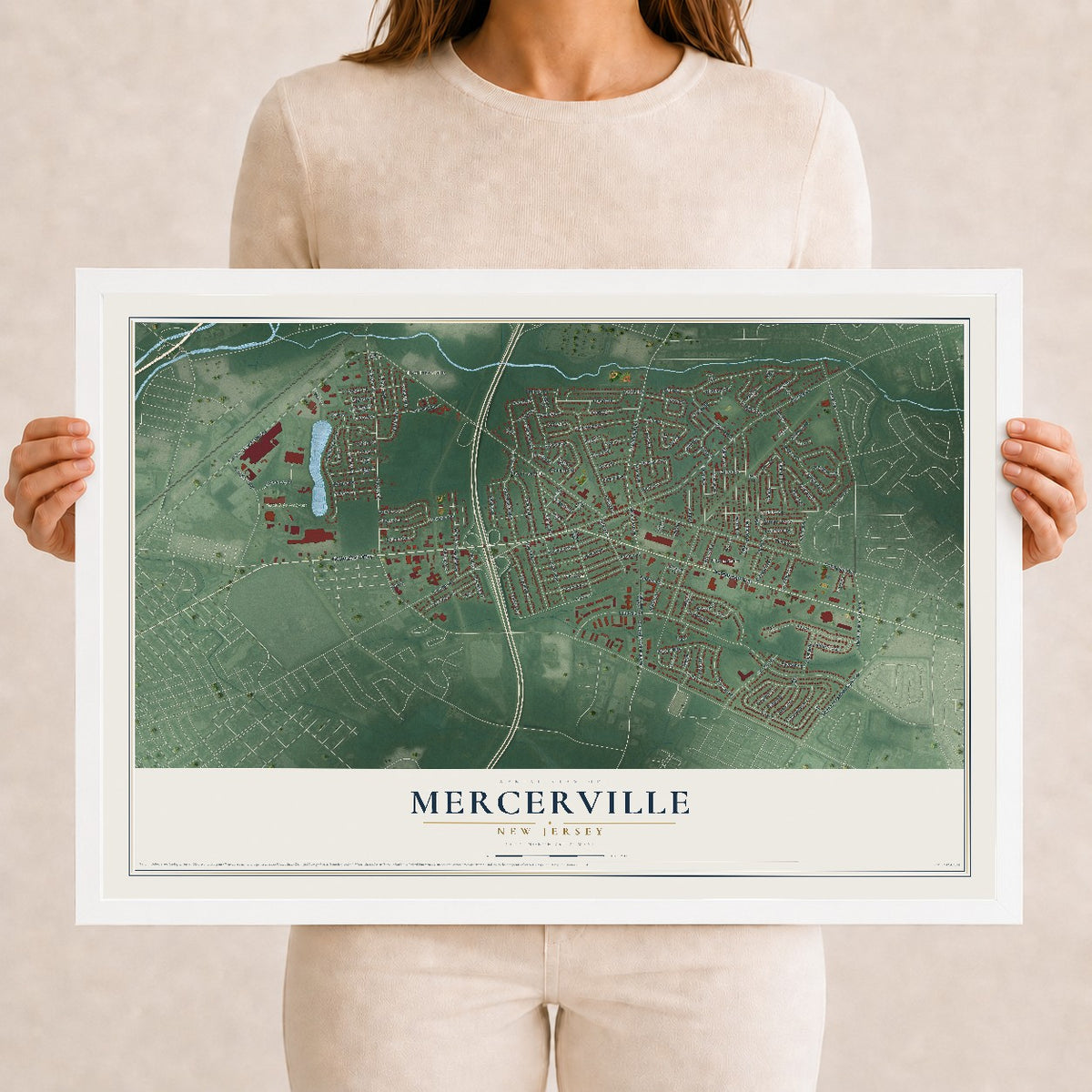 Mercerville, New Jersey map print, 12" x 18" W/ White Ayous Wood Frame mockup
