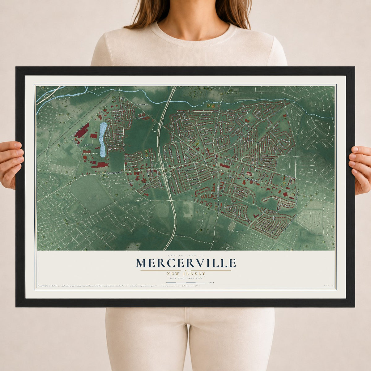 Mercerville, New Jersey map print, 18" x 24" W/ Black Ayous Wood Frame mockup