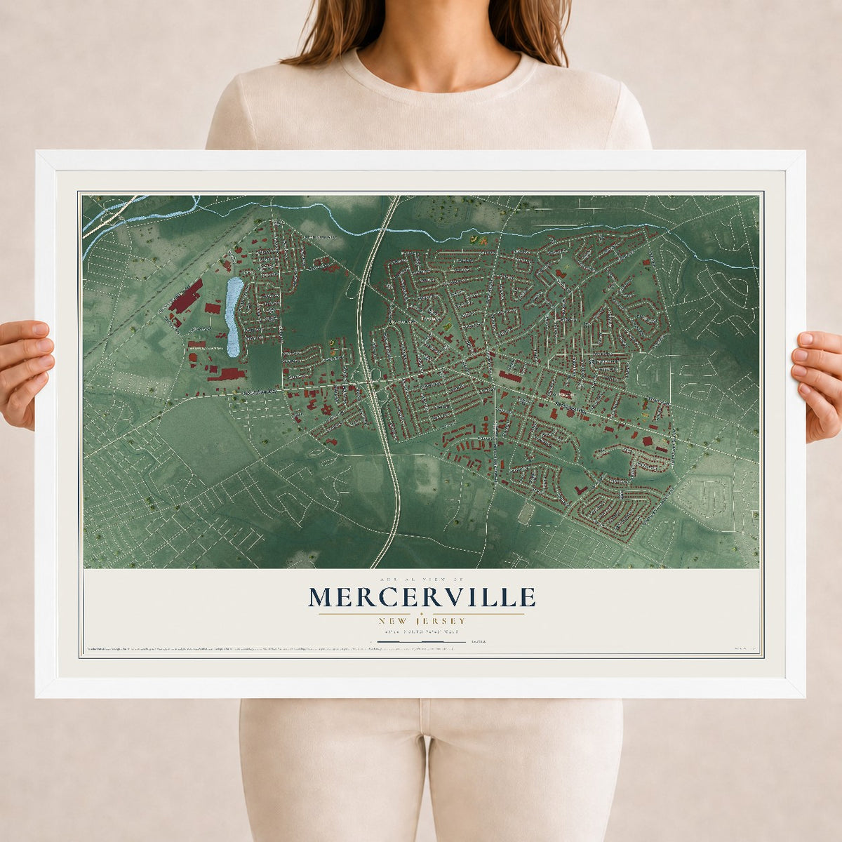 Mercerville, New Jersey map print, 18" x 24" W/ White Ayous Wood Frame mockup