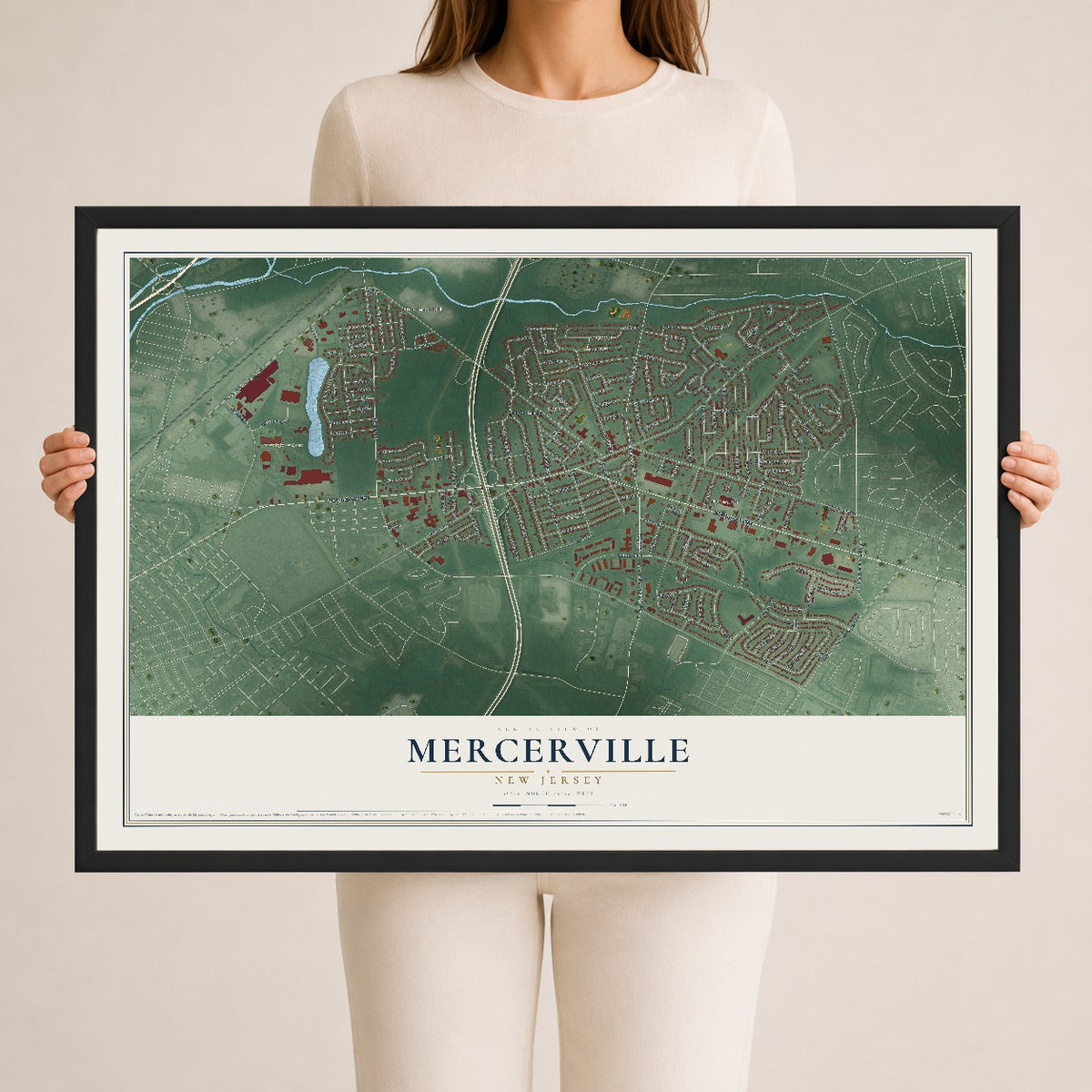 Mercerville, New Jersey map print, 24" x 36" W/ Black Ayous Wood Frame mockup