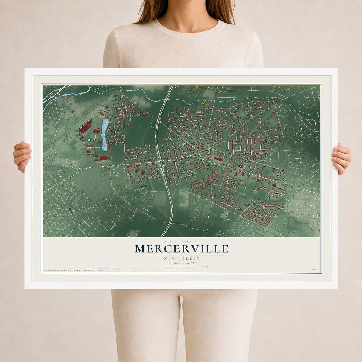 Mercerville, New Jersey map print, 24" x 36" W/ White Ayous Wood Frame mockup