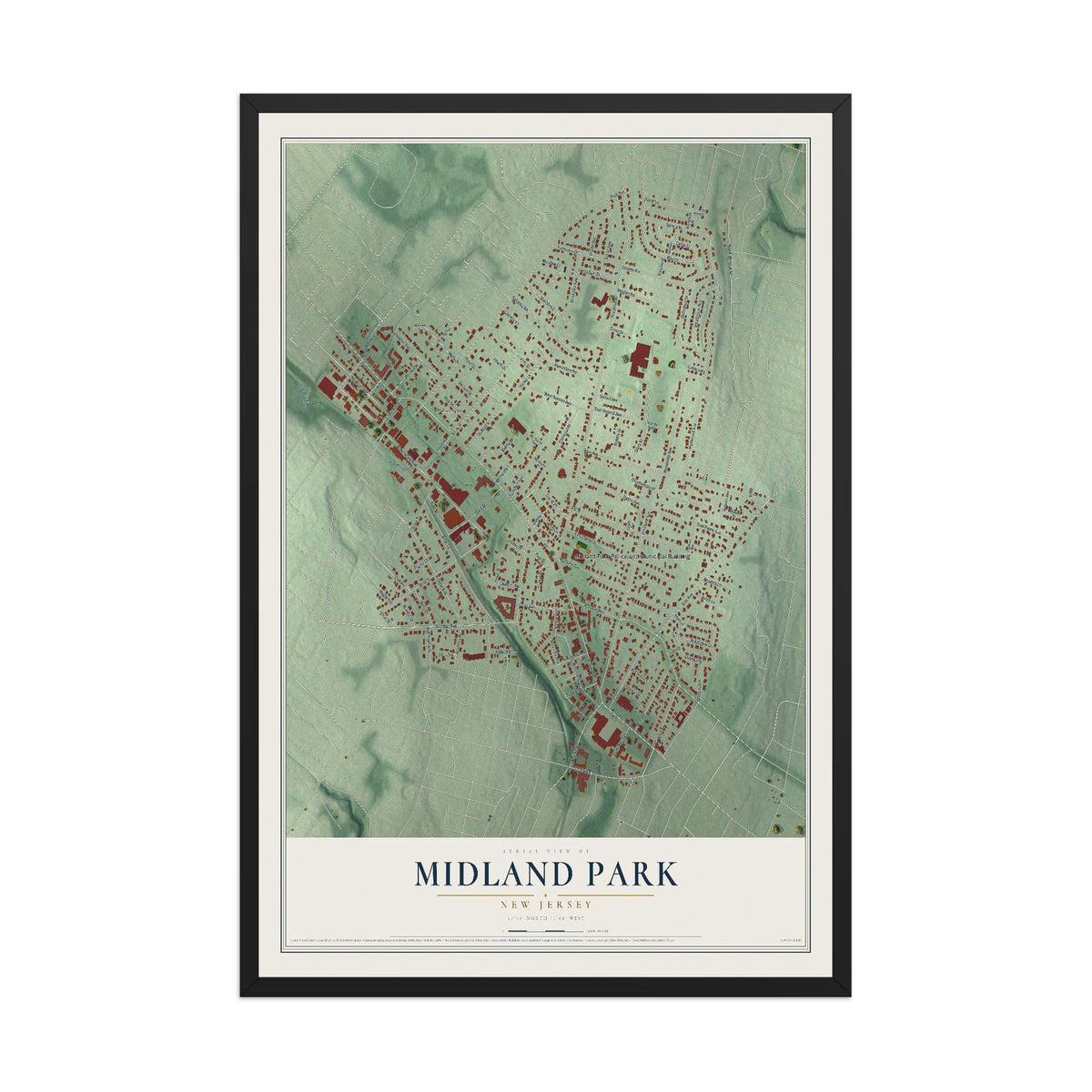 Midland Park, New Jersey map print, 12" x 18" W/ Black Ayous Wood Frame mockup