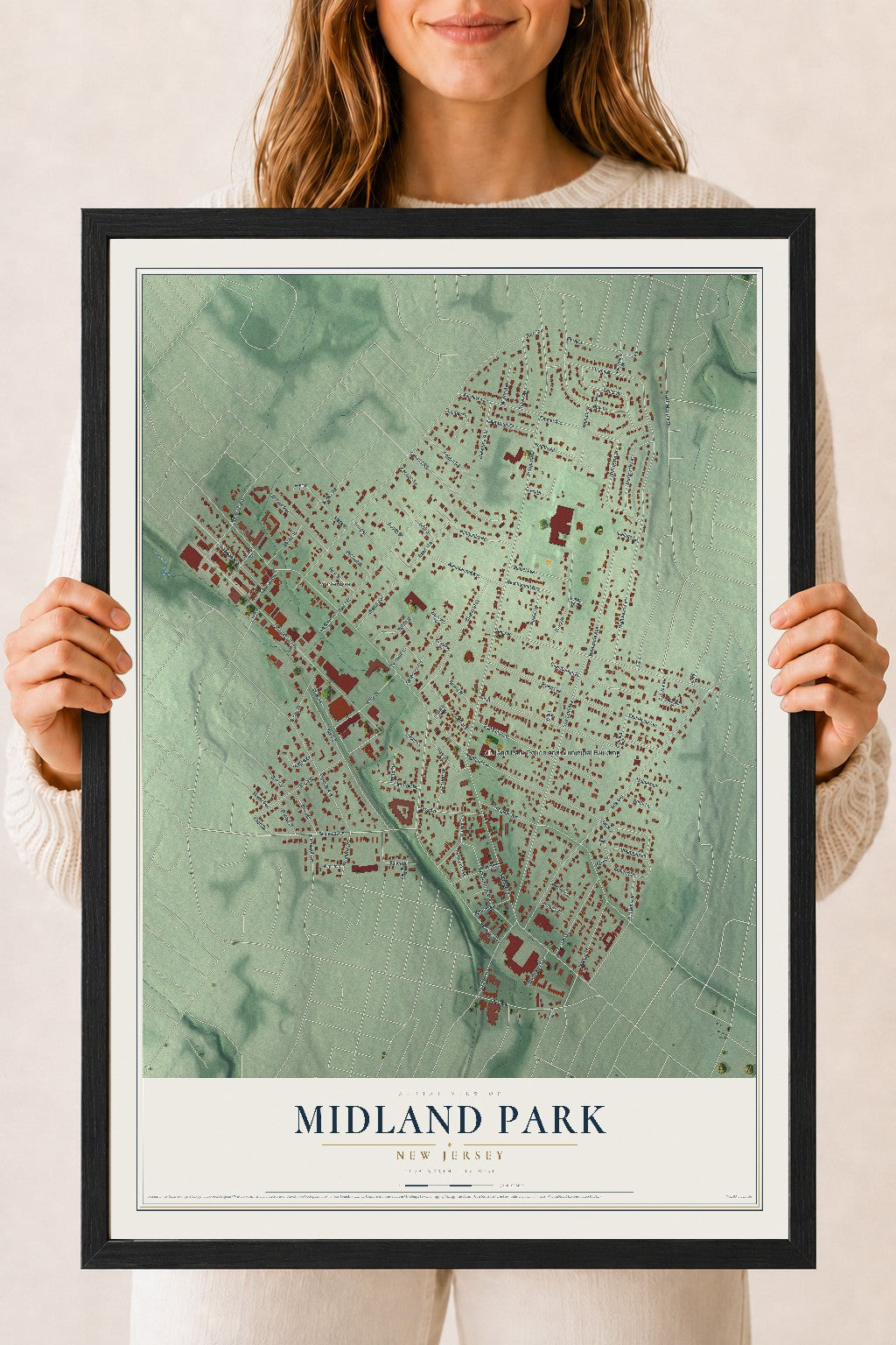 Midland Park, New Jersey map print, 18" x 24" W/ Black Ayous Wood Frame mockup