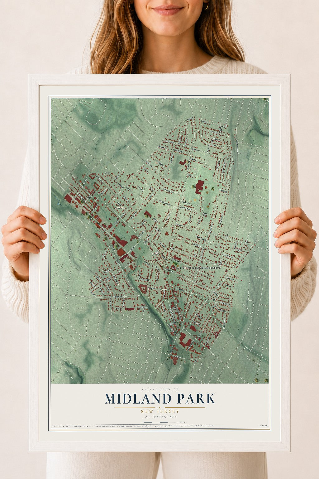 Midland Park, New Jersey map print, 18" x 24" W/ White Ayous Wood Frame mockup