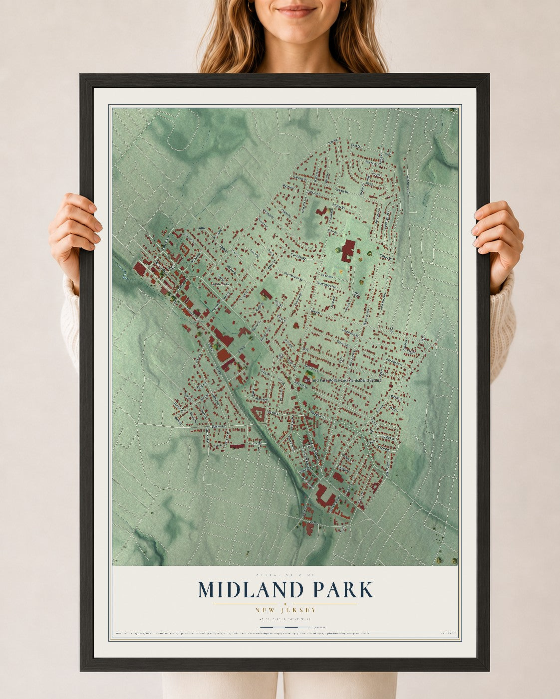 Midland Park, New Jersey map print, 24" x 36" W/ Black Ayous Wood Frame mockup