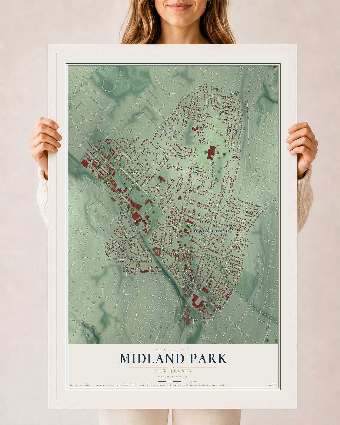 Midland Park, New Jersey map print, 24" x 36" W/ White Ayous Wood Frame mockup