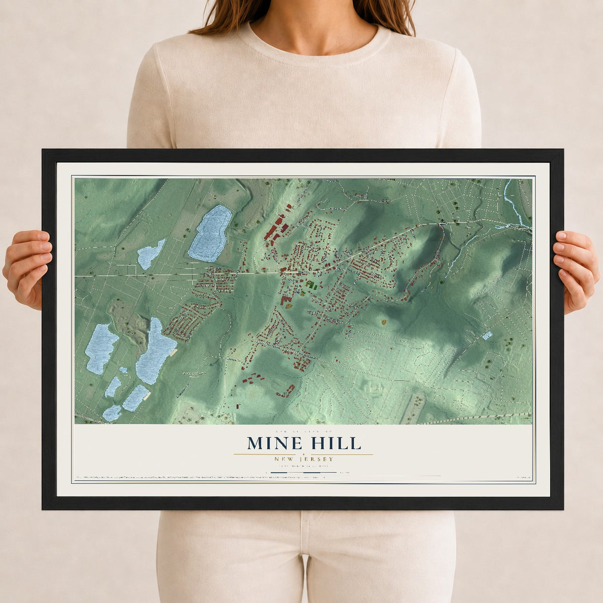 Mine Hill, New Jersey map print, 12" x 18" W/ Black Ayous Wood Frame mockup