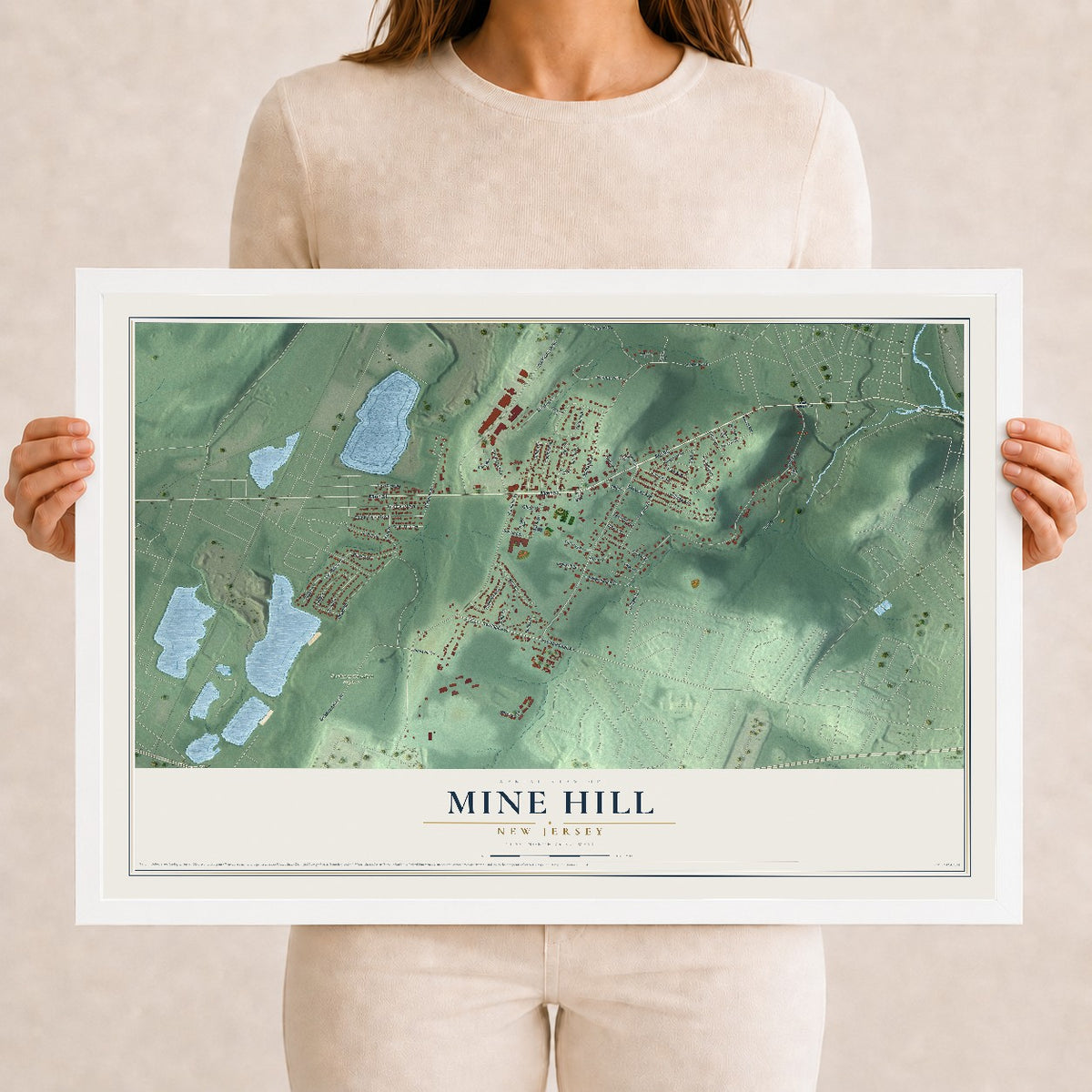 Mine Hill, New Jersey map print, 12" x 18" W/ White Ayous Wood Frame mockup