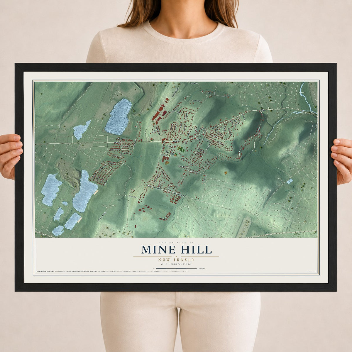 Mine Hill, New Jersey map print, 18" x 24" W/ Black Ayous Wood Frame mockup
