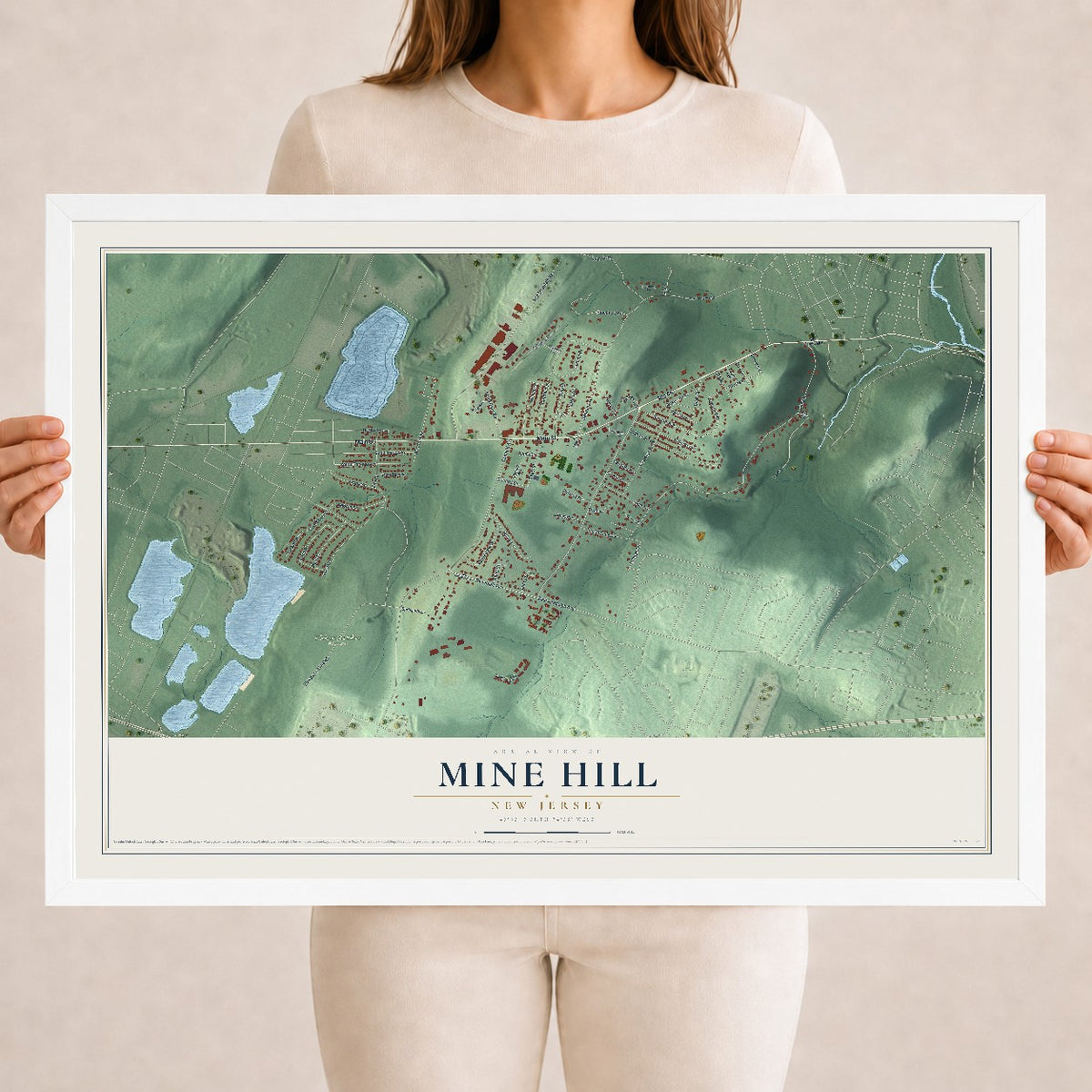 Mine Hill, New Jersey map print, 18" x 24" W/ White Ayous Wood Frame mockup