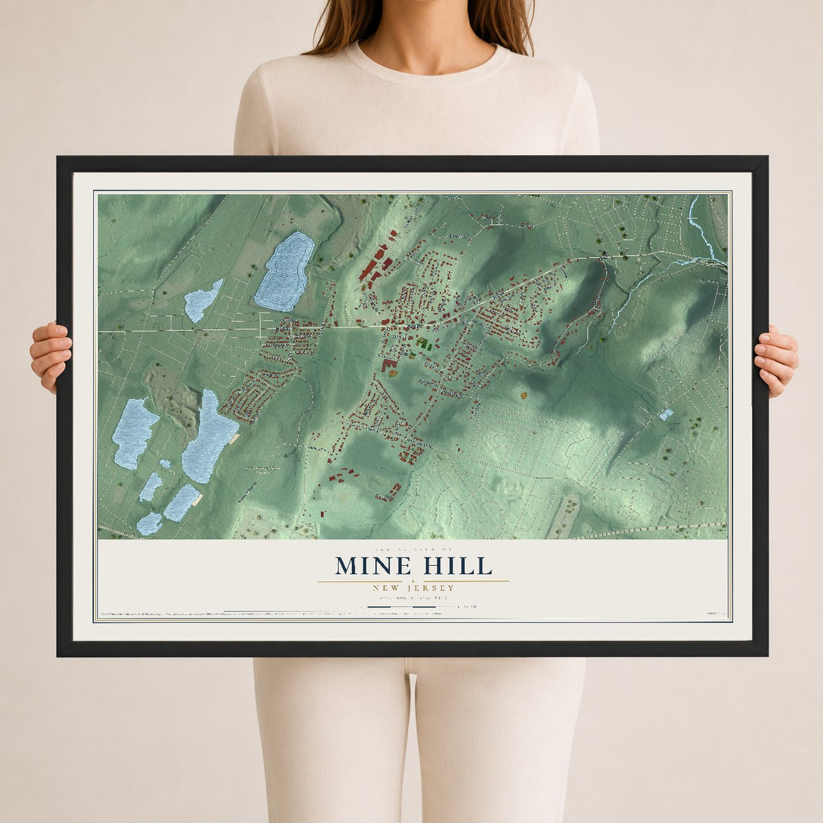 Mine Hill, New Jersey map print, 24" x 36" W/ Black Ayous Wood Frame mockup